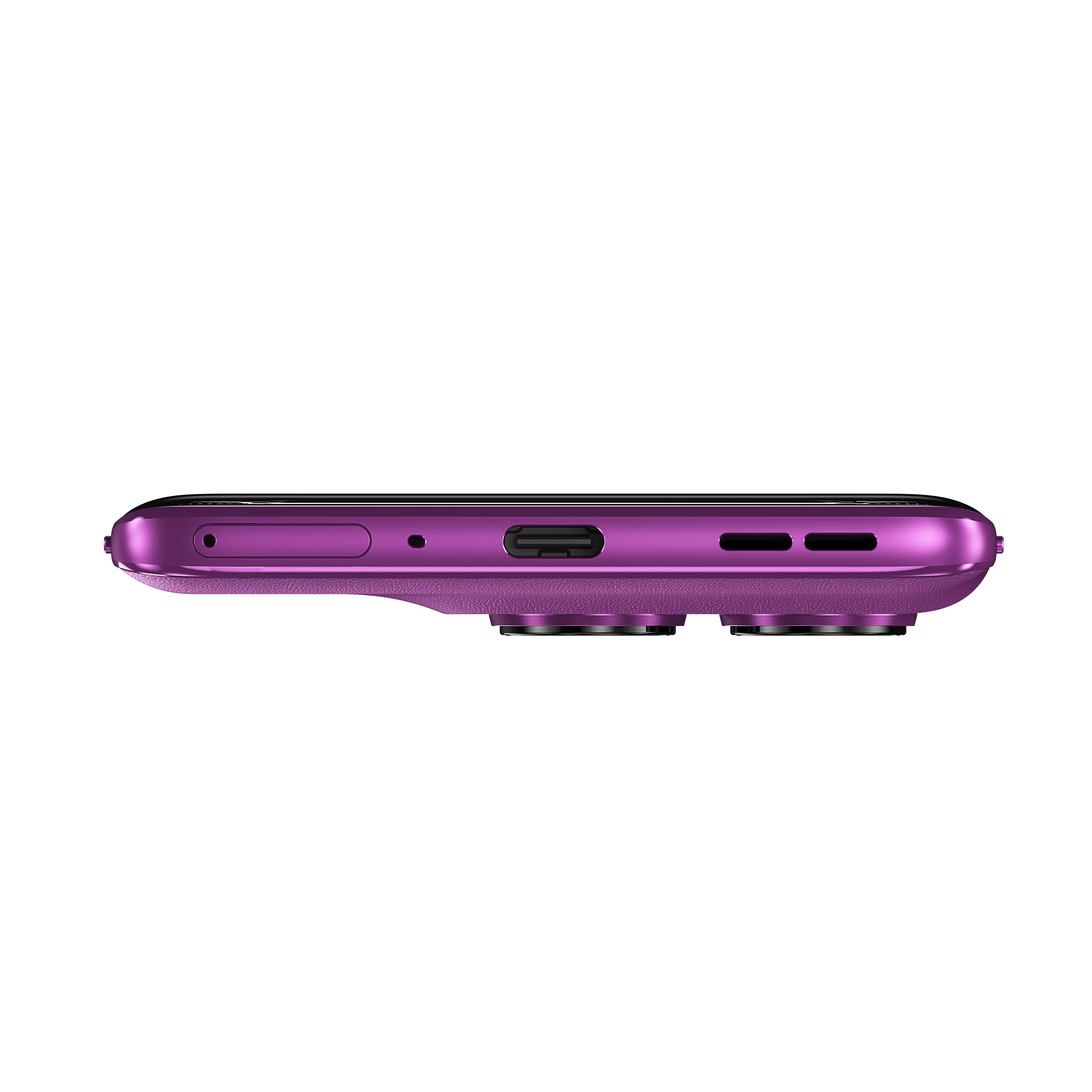 Fioletowy spód telefonu z portem USB-C, maskownicami głośników i obiektywami.