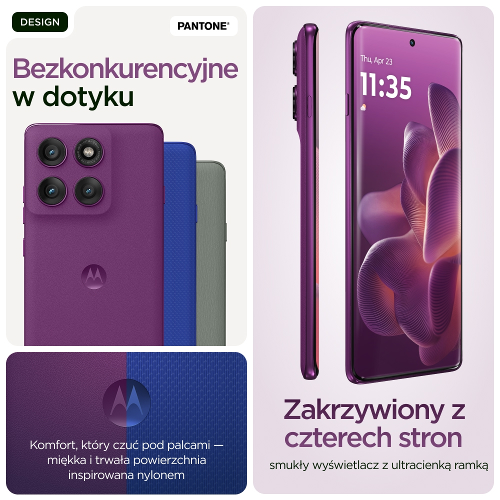 Fioletowy smartfon z aparatami, ekranem pokazującym czas i tapetą. Tekst po polsku.