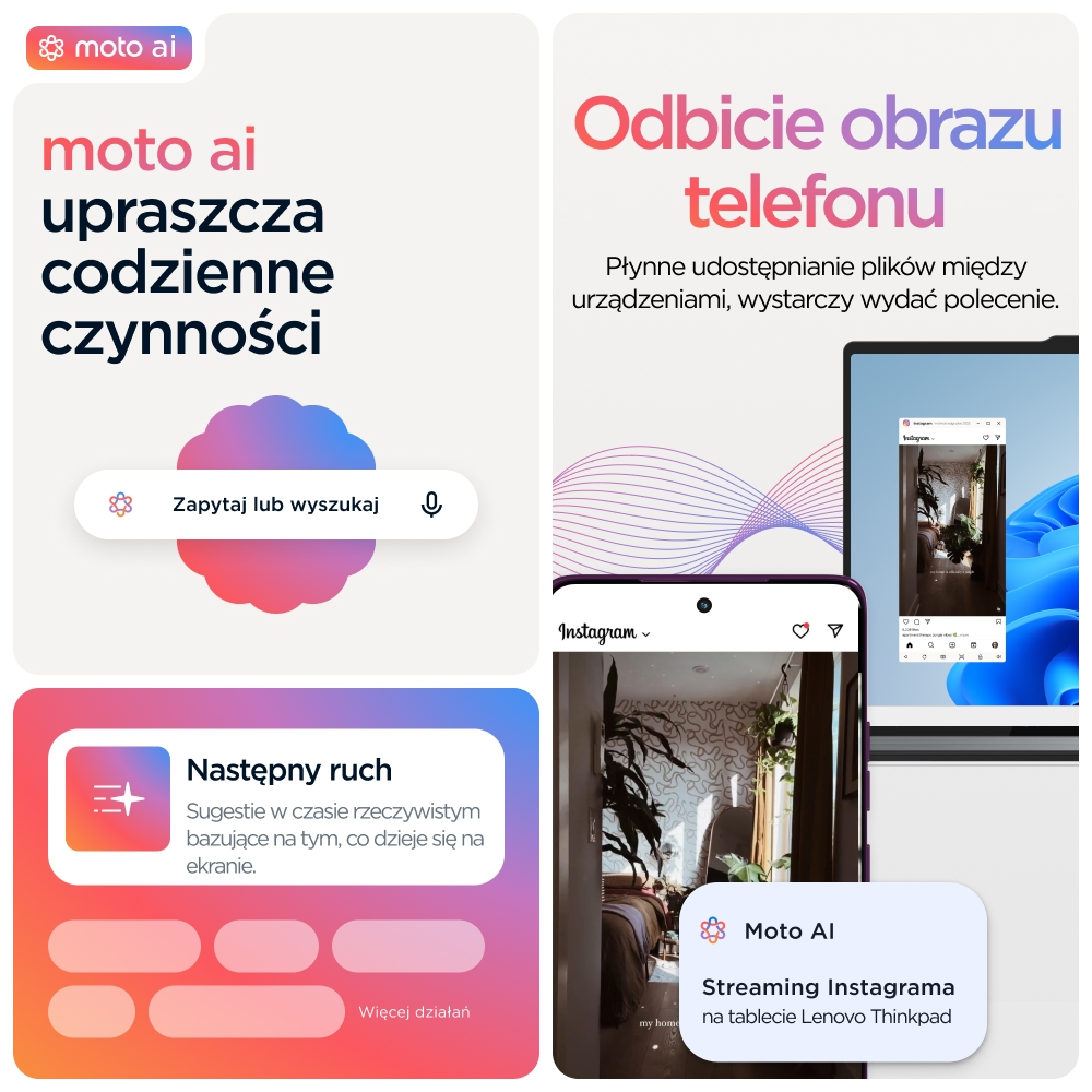 Moto AI upraszcza codzienne czynności. Lustrzane odbicie ekranu telefonu. Streaming Instagram.
