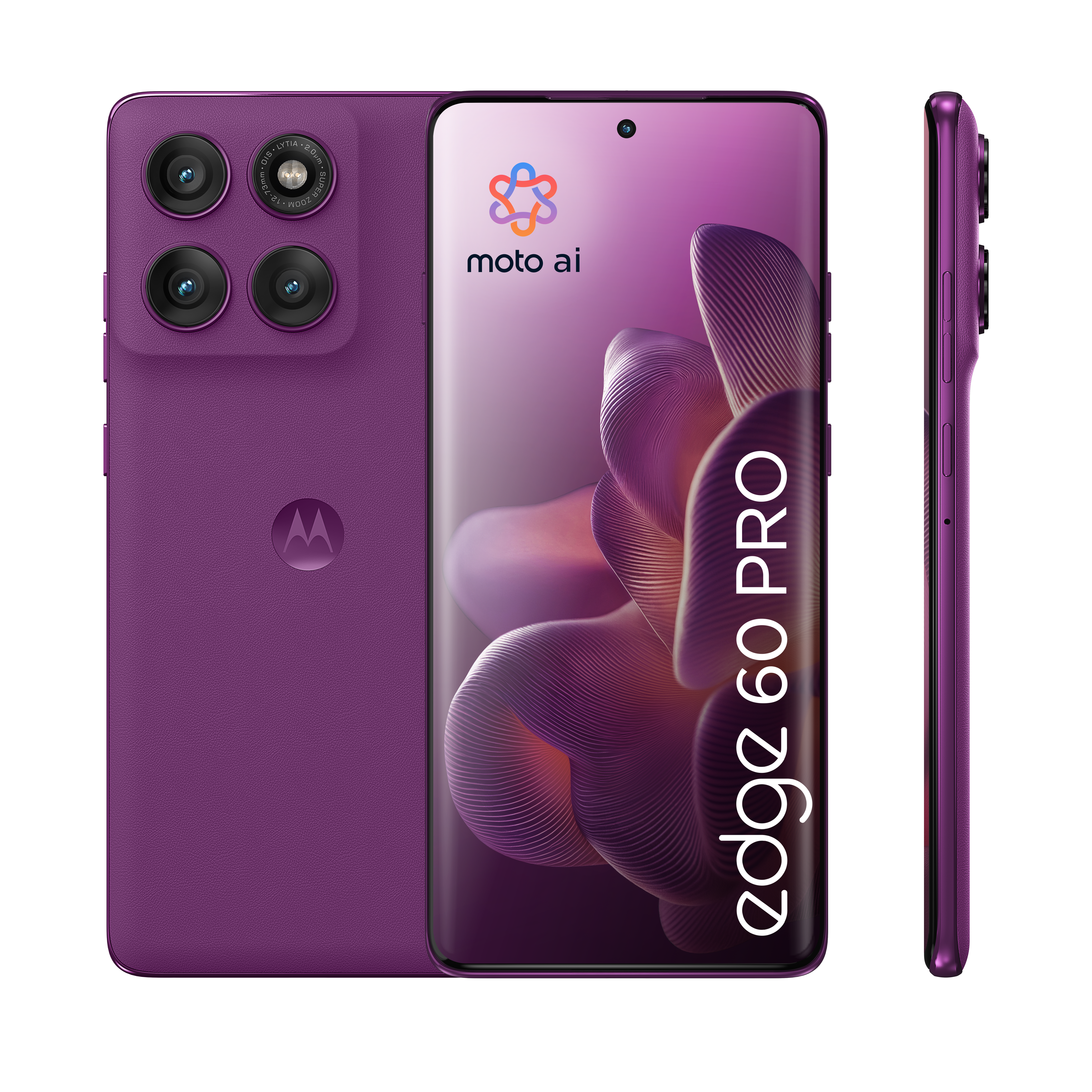 Fioletowy smartfon Motorola Edge 60 Pro pokazany z przodu, tyłu i boku.