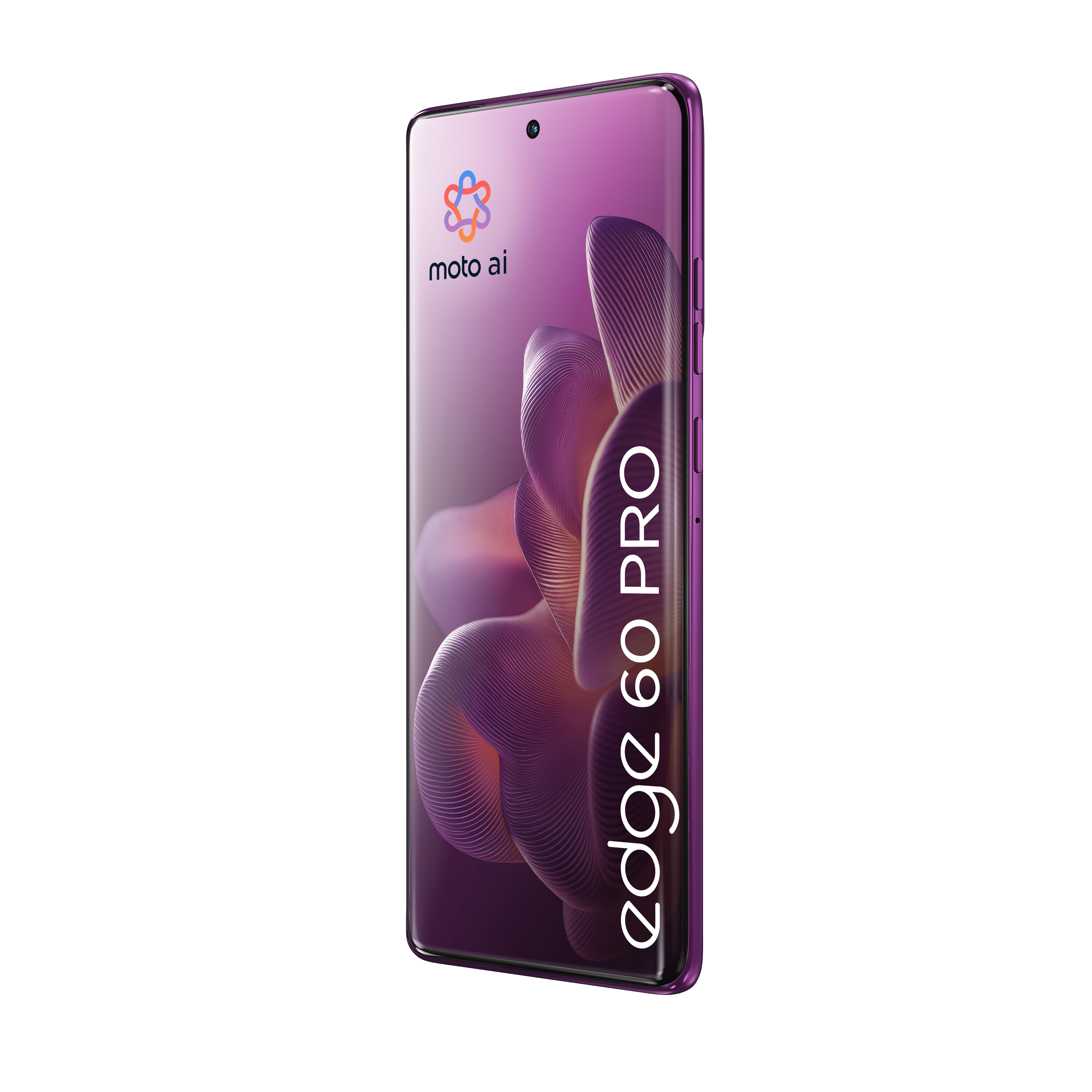 Fioletowy smartfon Motorola Edge 60 Pro na abstrakcyjnym tle.