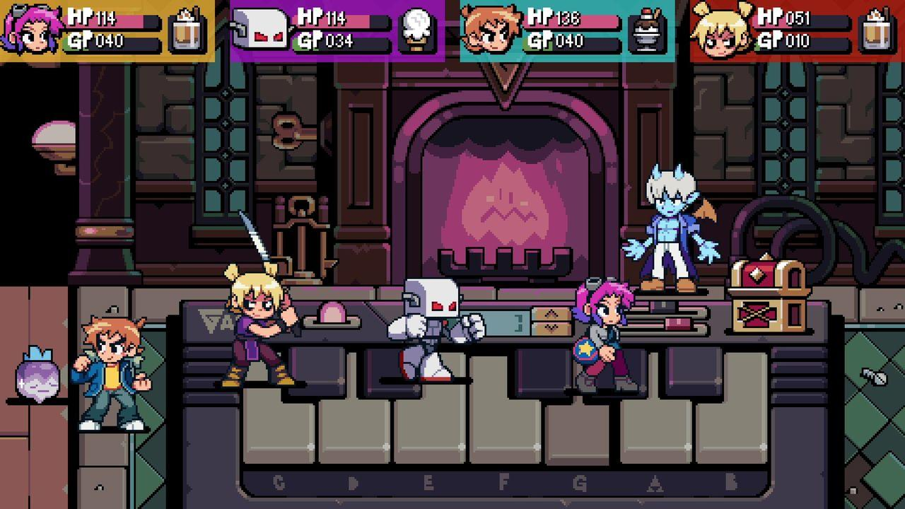 Pixel-Art-Kampfszene mit Charakteren auf Klaviertasten vor einem Kamin.