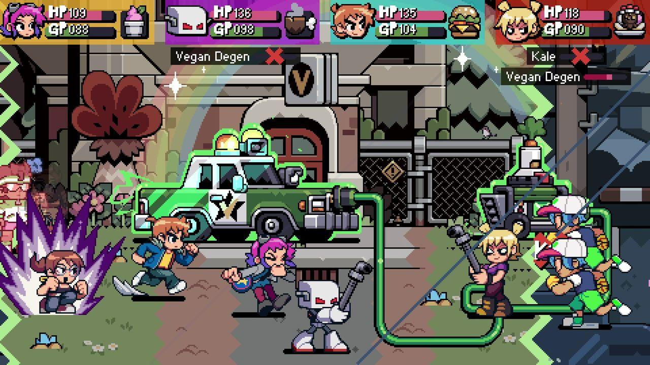 Pixel-Art-Kampfszene mit Charakteren, einem grünen Fahrzeug und Maschinen.