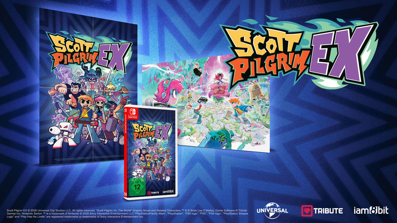 Scott Pilgrim EX: Spielbox, Poster und Artwork mit Charakteren auf blauem Hintergrund.