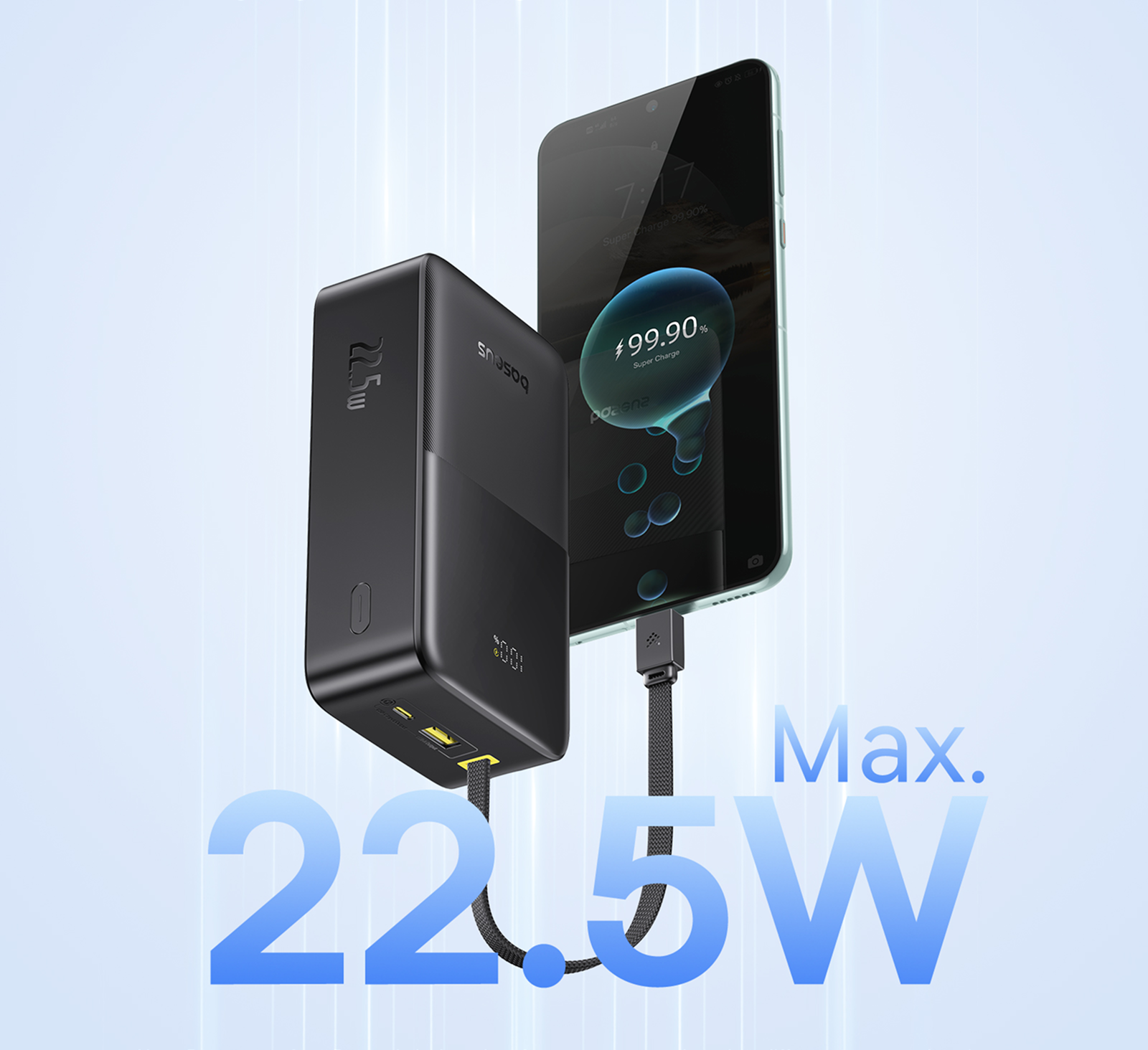 Power bank negra conectada a un teléfono que muestra 99,90 % de carga. Máx. 22,5W.