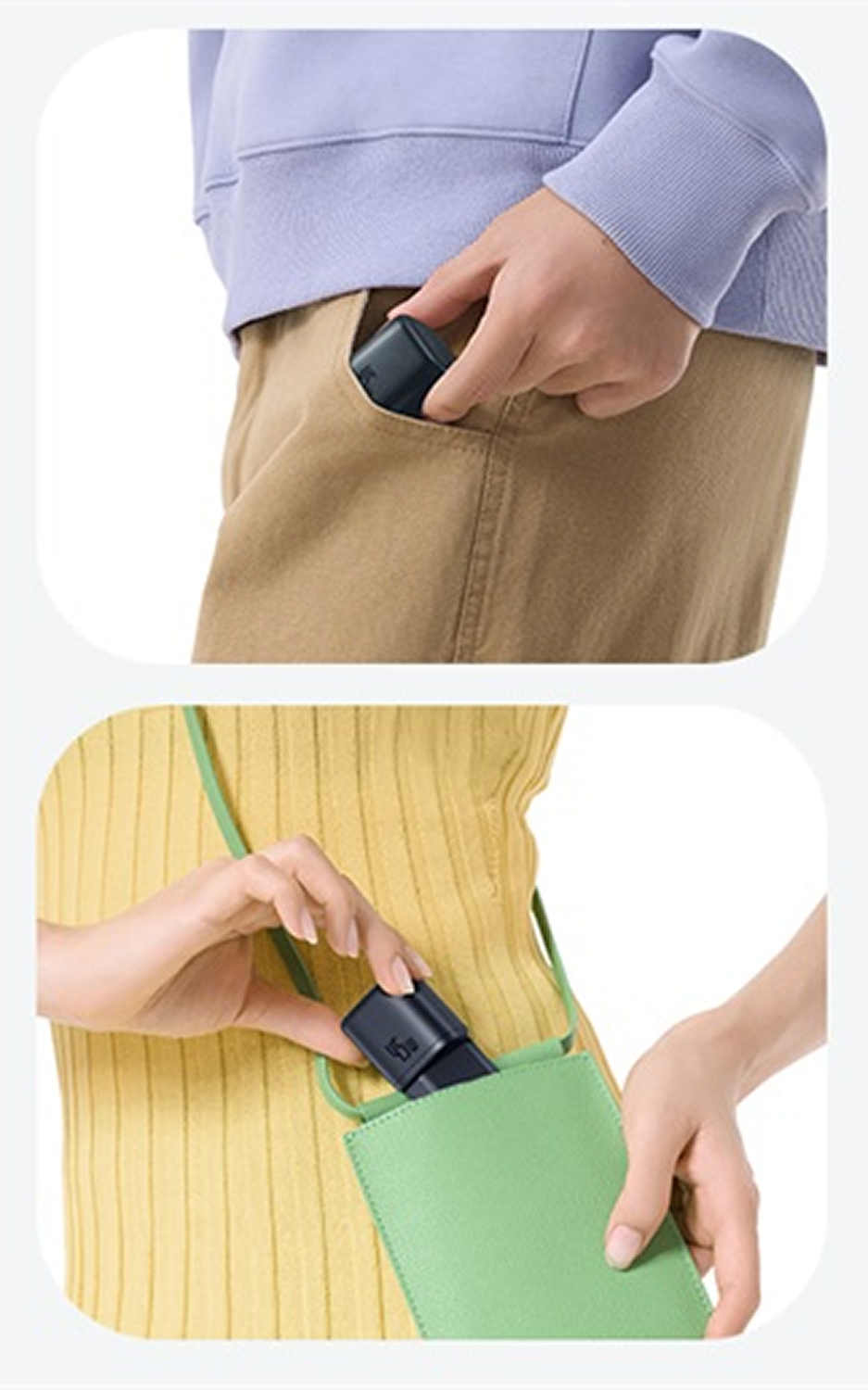 Un estuche de carga gris oscuro se guarda en un bolsillo, luego en un bolso verde.