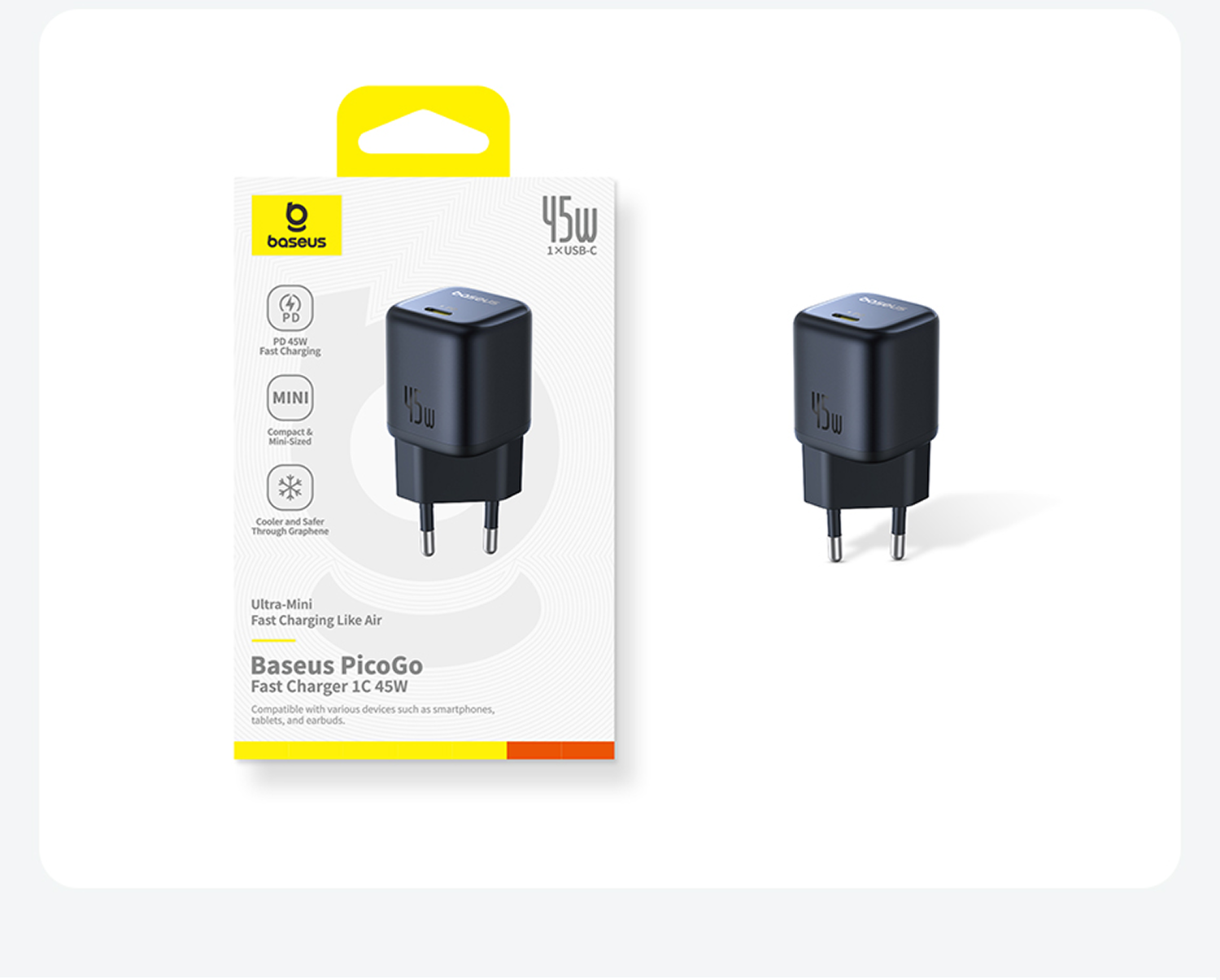 Cargador negro Baseus PicoGo de 45W con dos pines. Empaque a la izquierda.