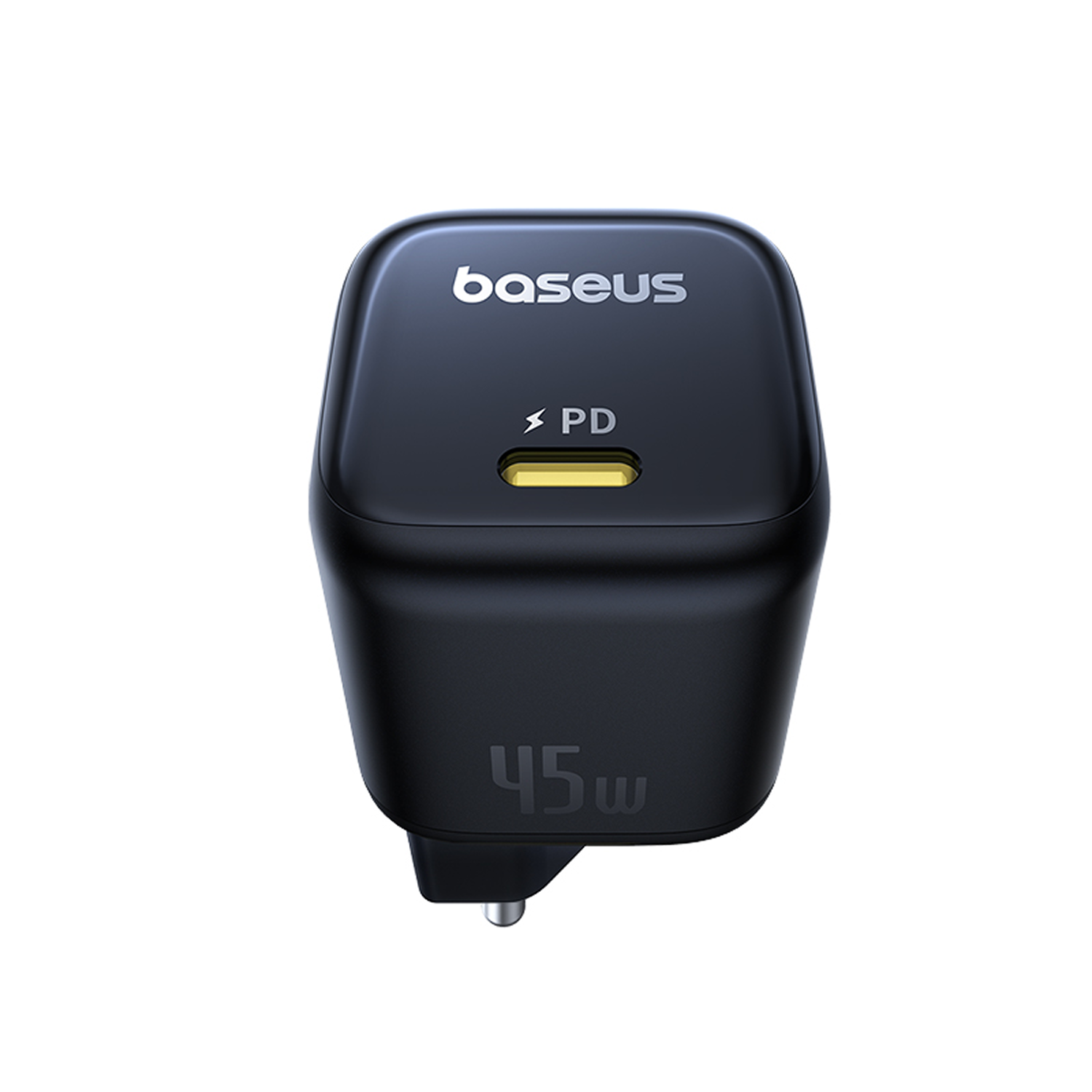 Cargador Baseus 45W PD negro con enchufe plateado.