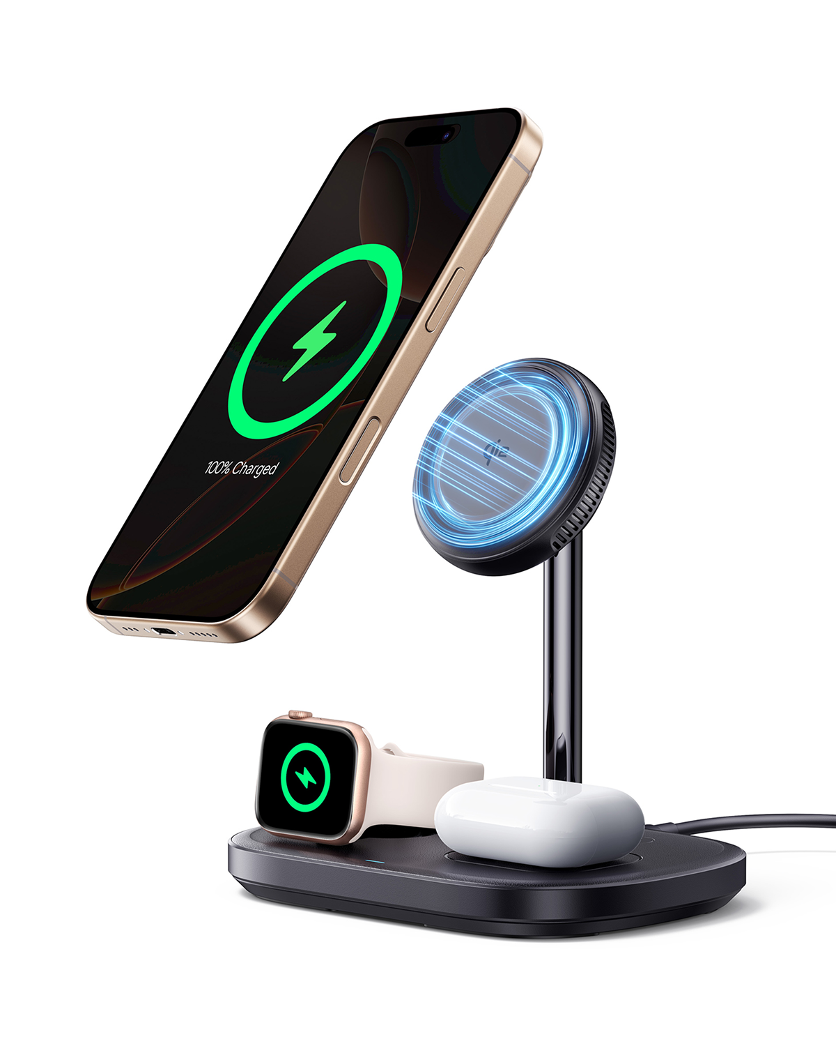 Un smartphone dorado, un reloj inteligente y auriculares blancos cargando en una base de carga negra.