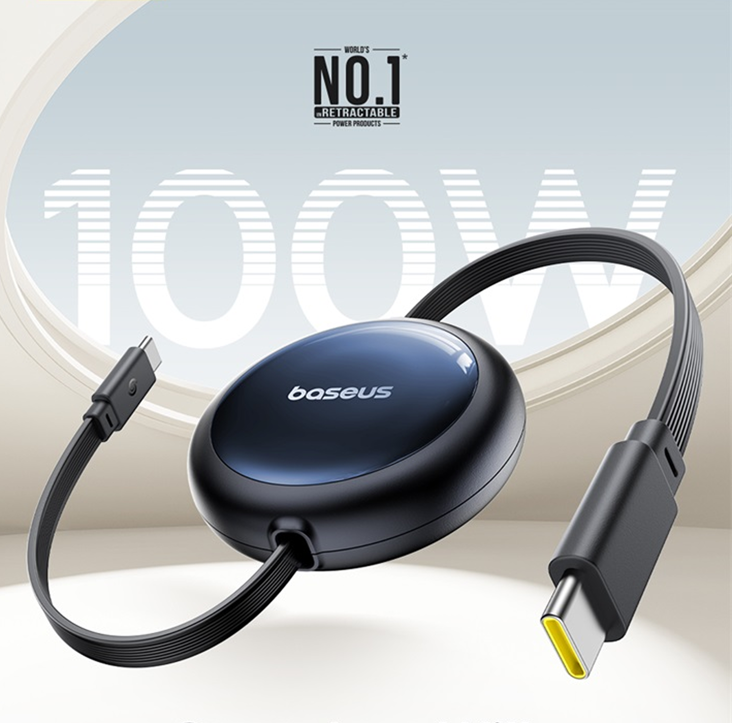 Cargador redondo negro Baseus con cable retráctil y conector USB-C.
