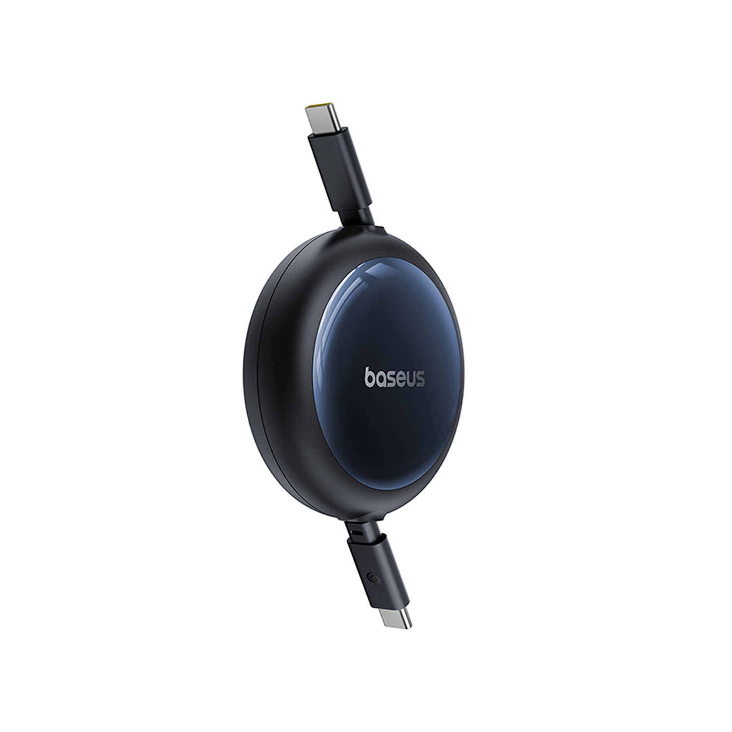 Enrollador de cable redondo y negro con logo de Baseus y dos conectores USB-C.