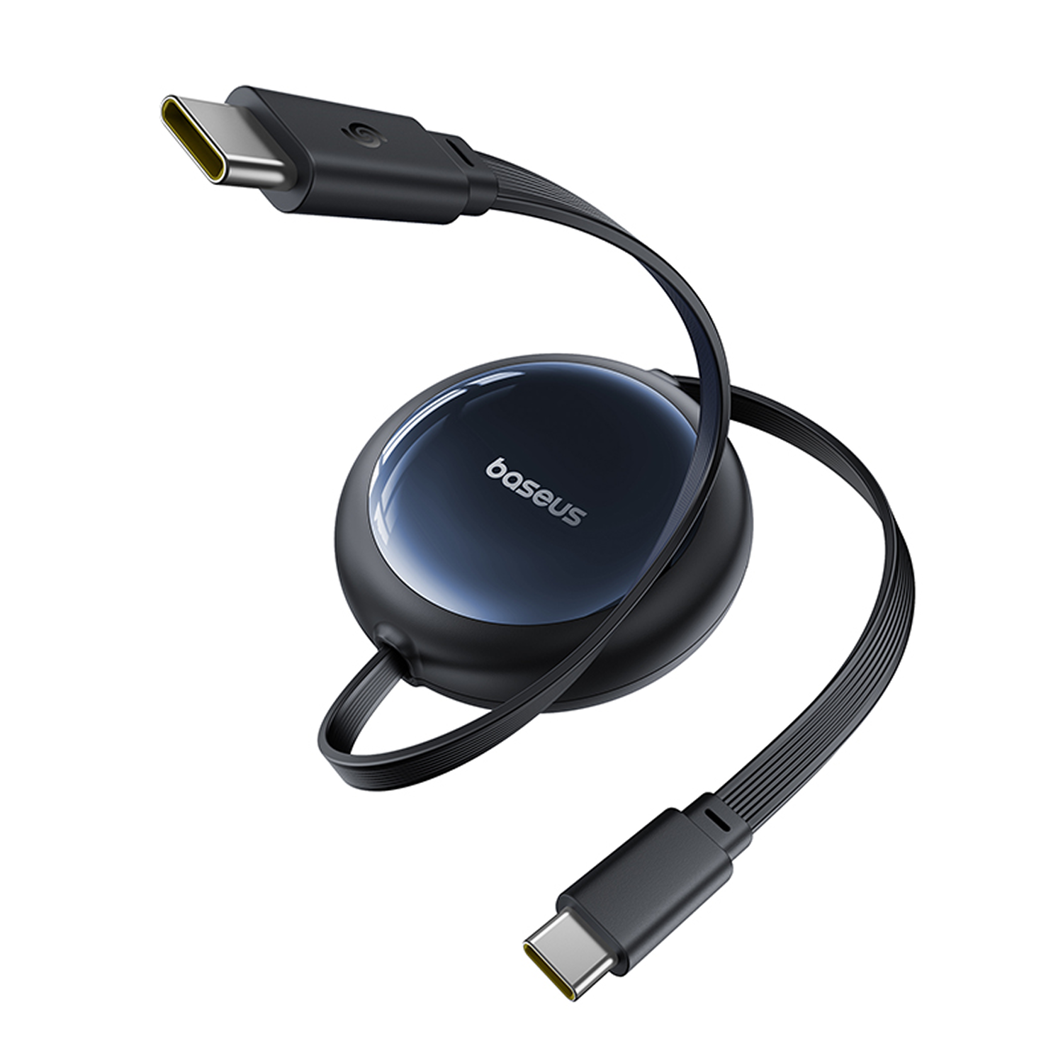 Organizador de cables Baseus negro con conectores USB-C. Fondo blanco.
