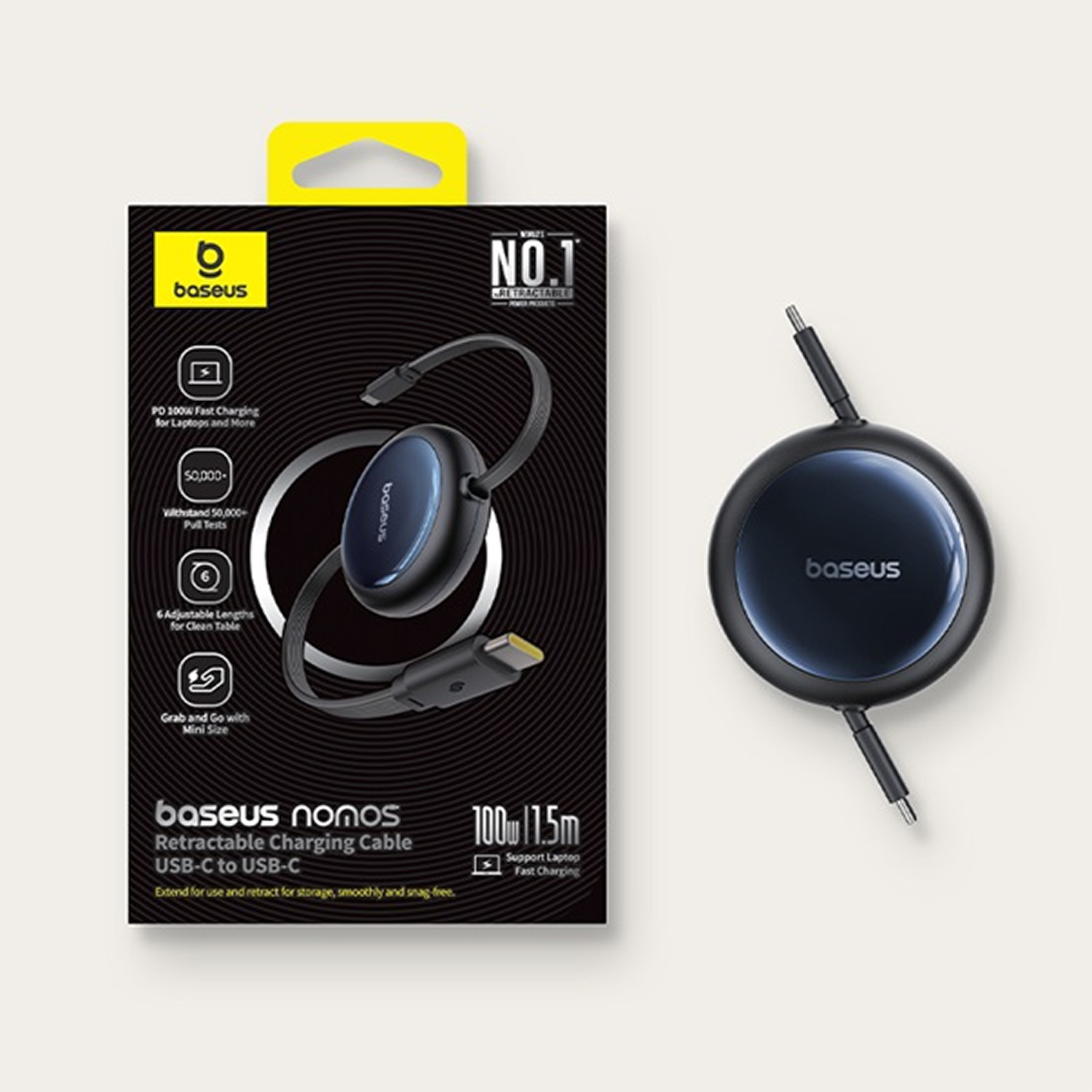 Cable de carga retráctil Baseus USB-C de 100W sobre embalaje negro.