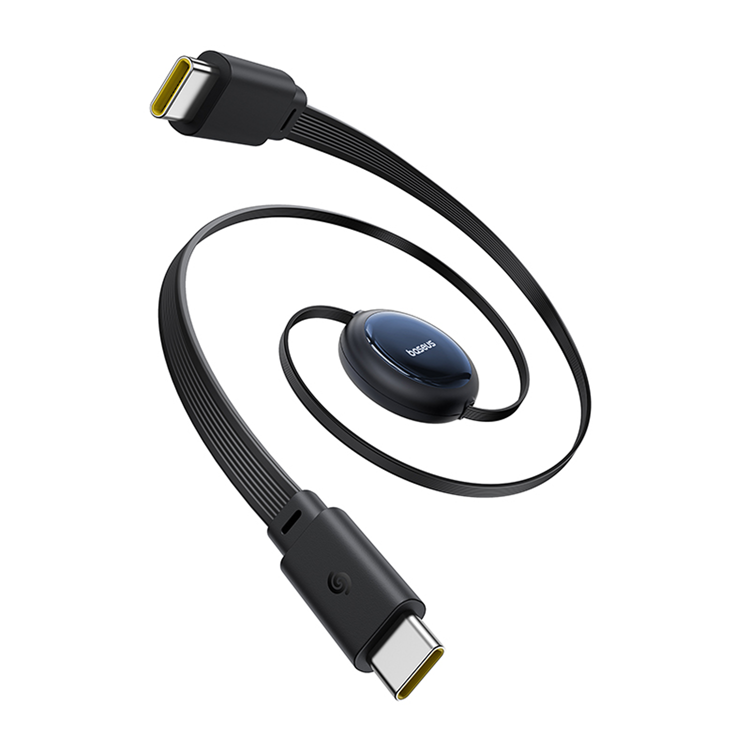 Un cable USB-C negro con módulo de logo Baseus azul, enrollado sobre fondo blanco.