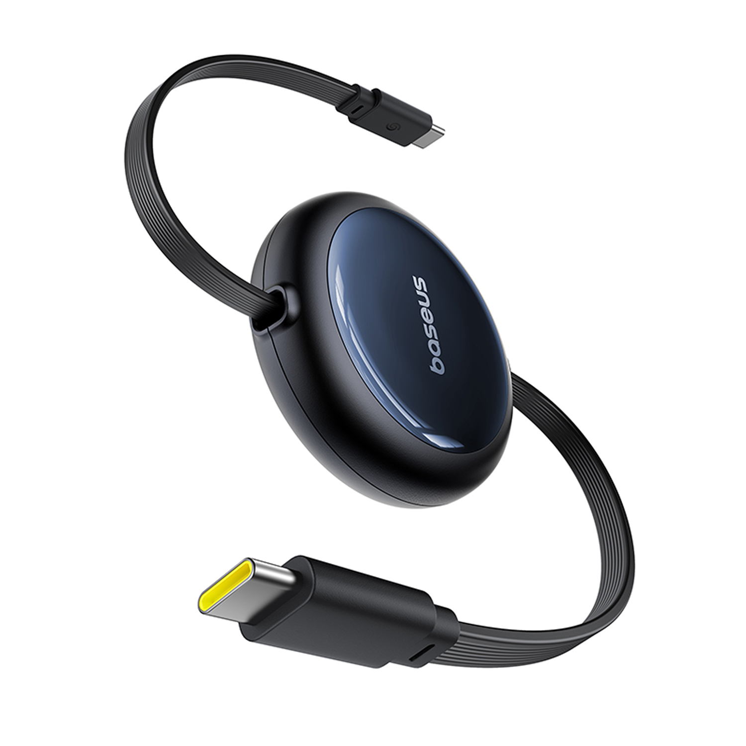 Cable de carga negro con conector USB-C e inserción amarilla.