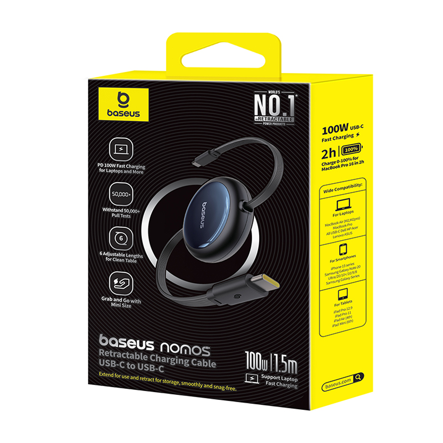 Cable de carga retráctil Baseus Nomos USB-C a USB-C que se muestra en un empaque amarillo.