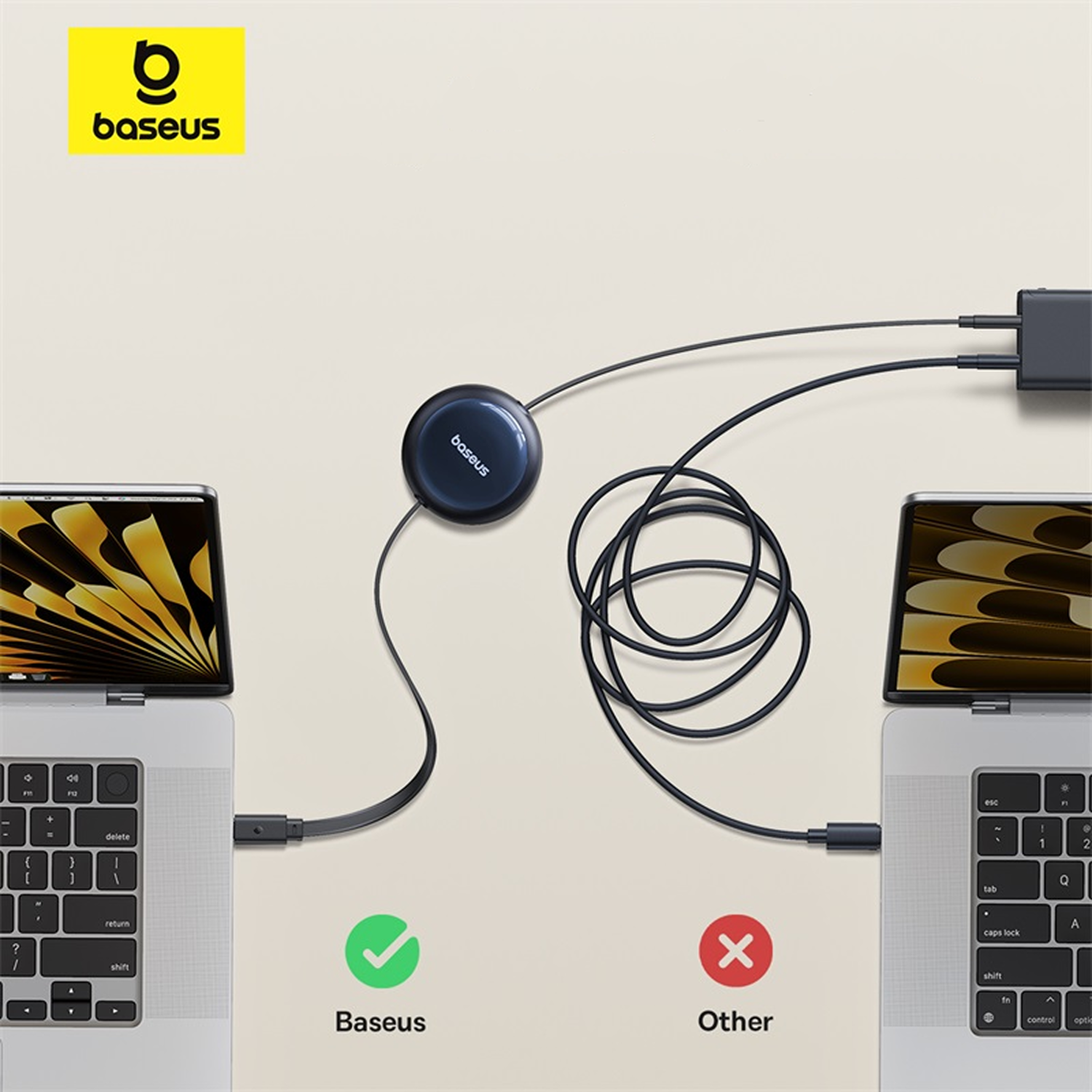 El adaptador Baseus conecta dos portátiles a un cargador.