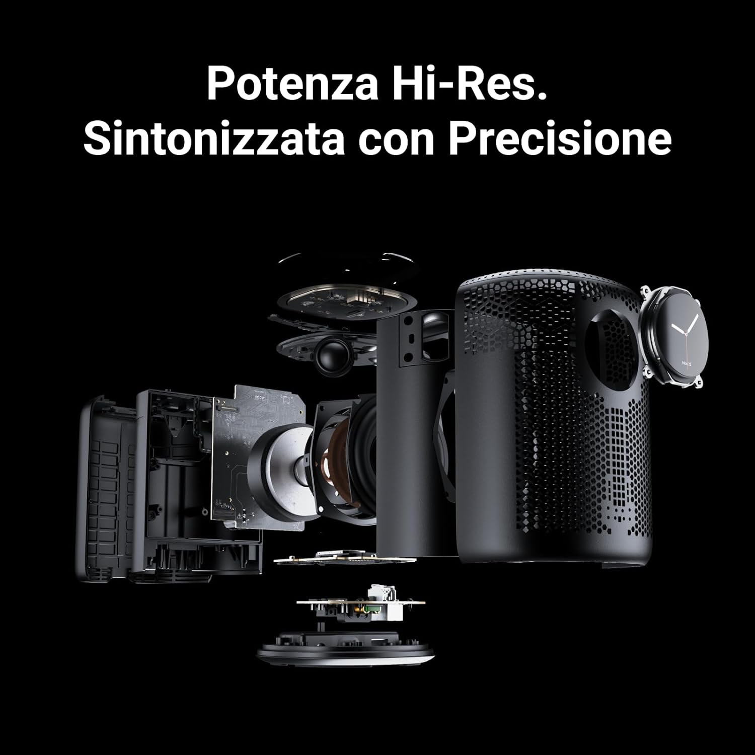Vista esplosa di un altoparlante nero con componenti esposti su sfondo nero.