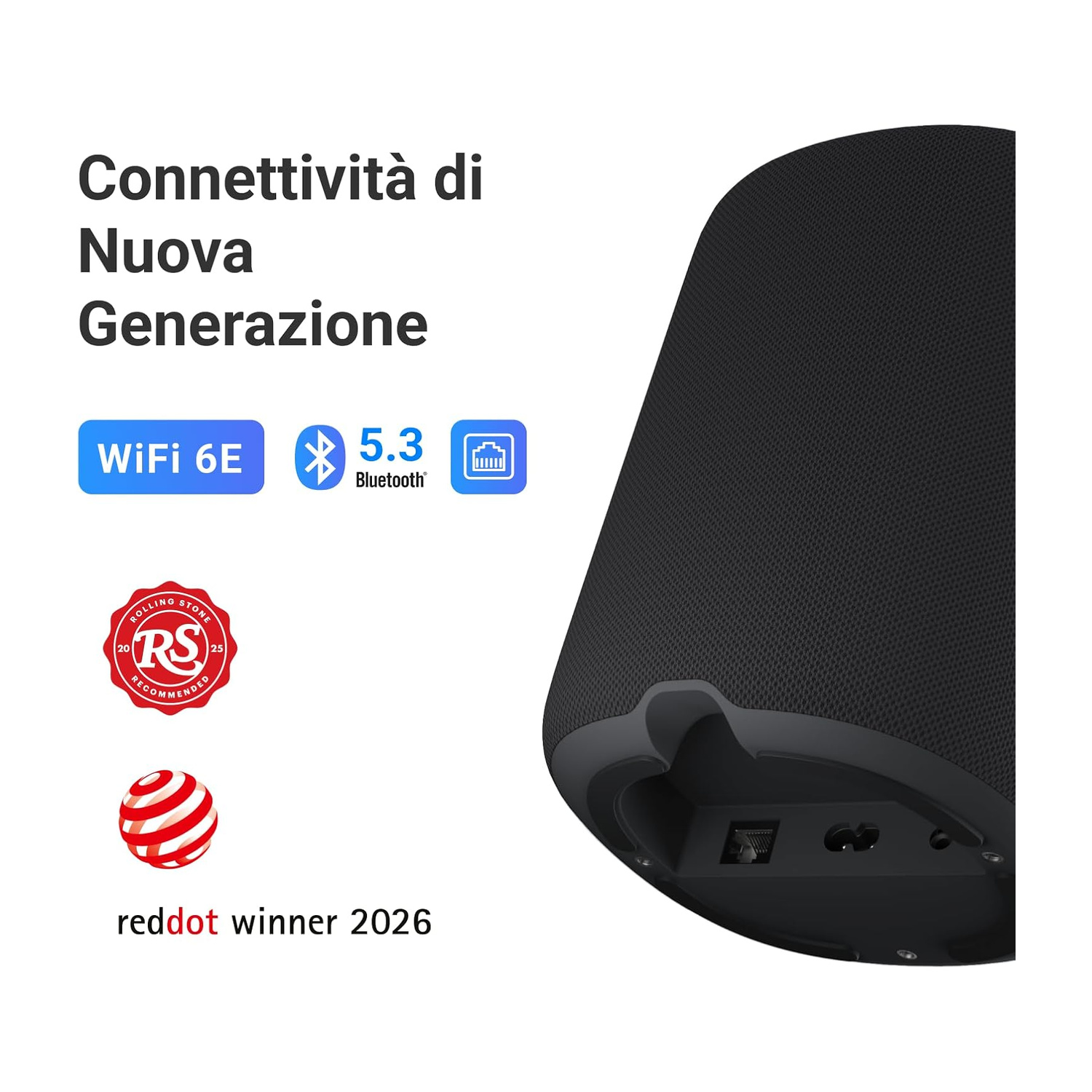 Altoparlante nero con testo e premi: WiFi 6E, Bluetooth 5.3, RS Consigliato, Red Dot 2026.