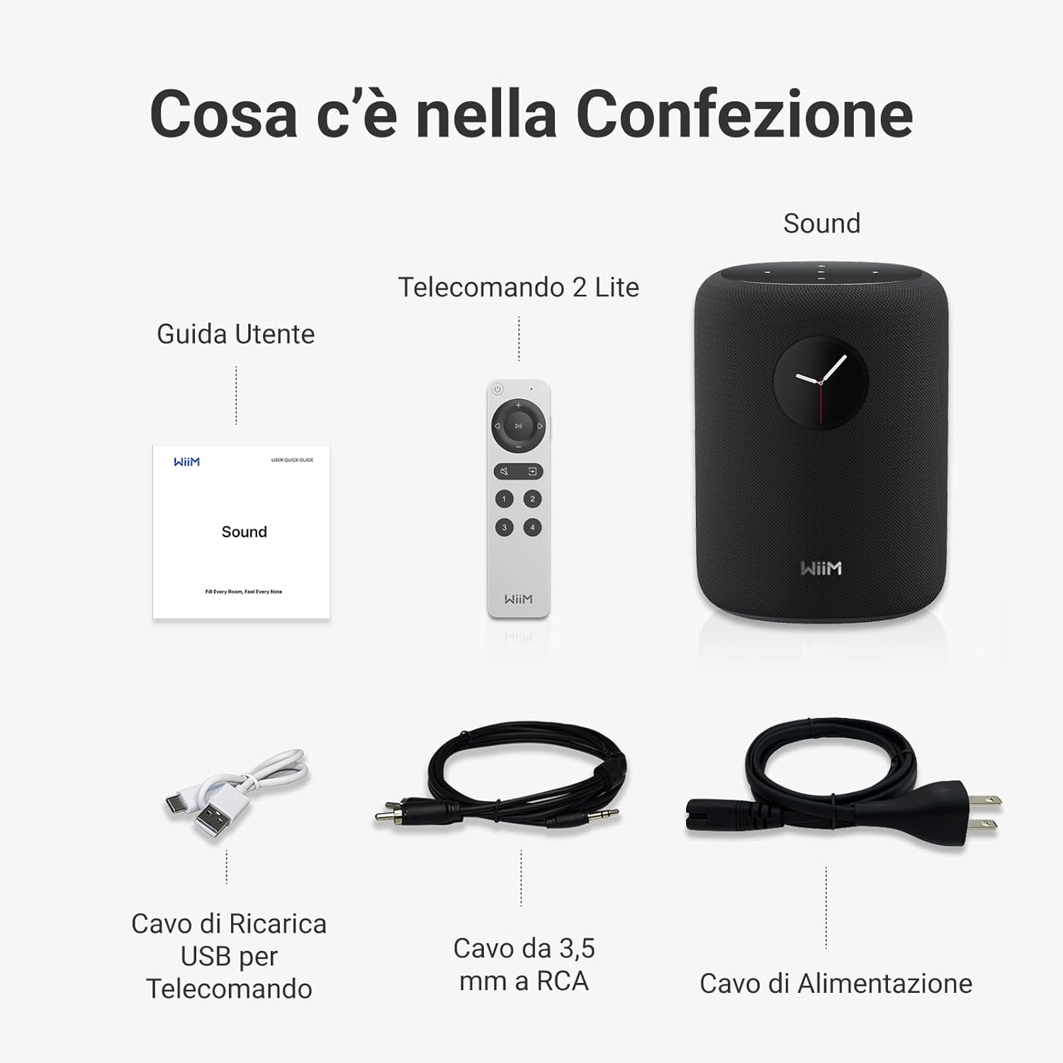 Contenuto della confezione: Altoparlante, telecomando, guida utente, cavo USB, cavo 3,5 mm, cavo alimentazione.