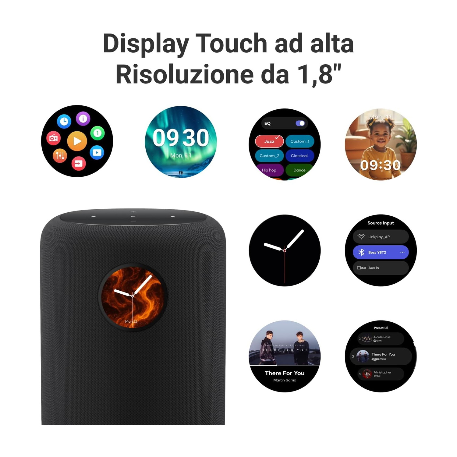 Altoparlante nero con touchscreen che mostra orologio e info musicali.
