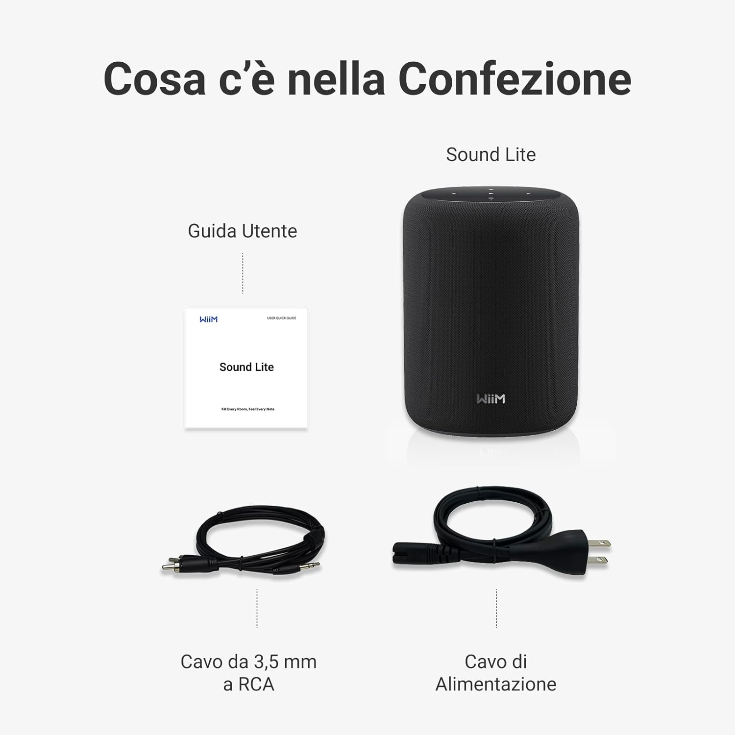 Contenuto della confezione: altoparlante nero, manuale, cavo da 3,5 mm a RCA, cavo di alimentazione.