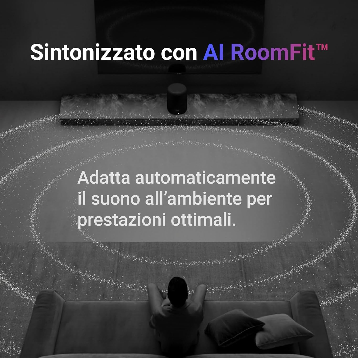 Un uomo seduto su un divano, circondato da cerchi luminosi.