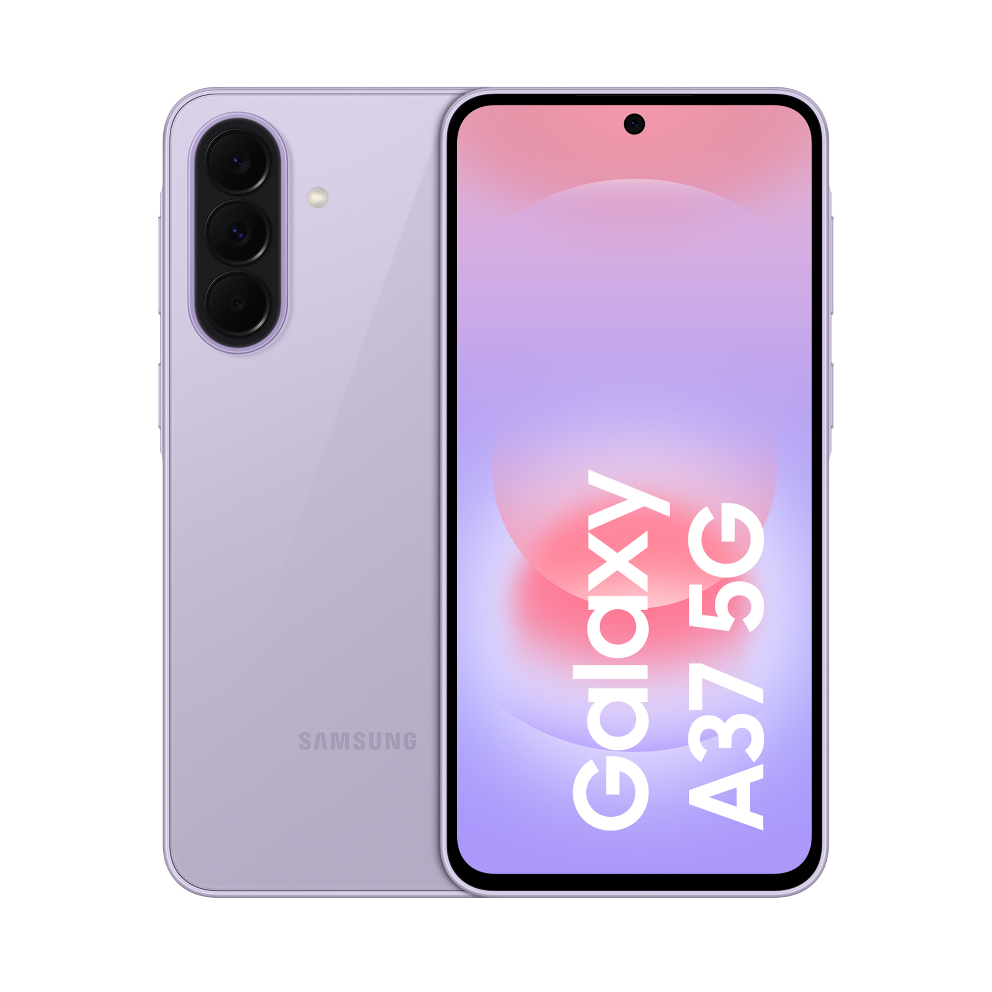Fioletowy smartfon Samsung Galaxy A37 5G pokazany z przodu i z tyłu.