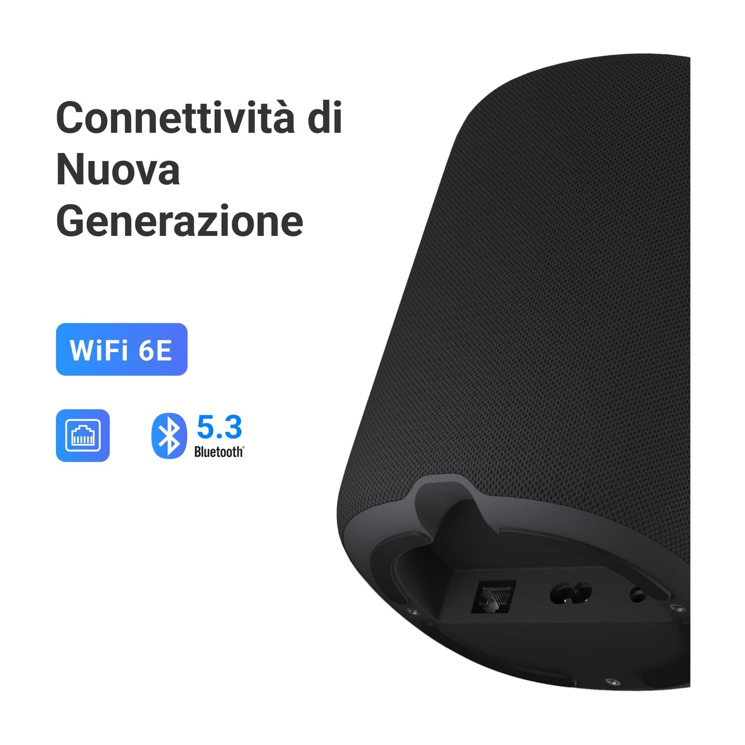Altoparlante nero con connettività WiFi 6E e Bluetooth 5.3.