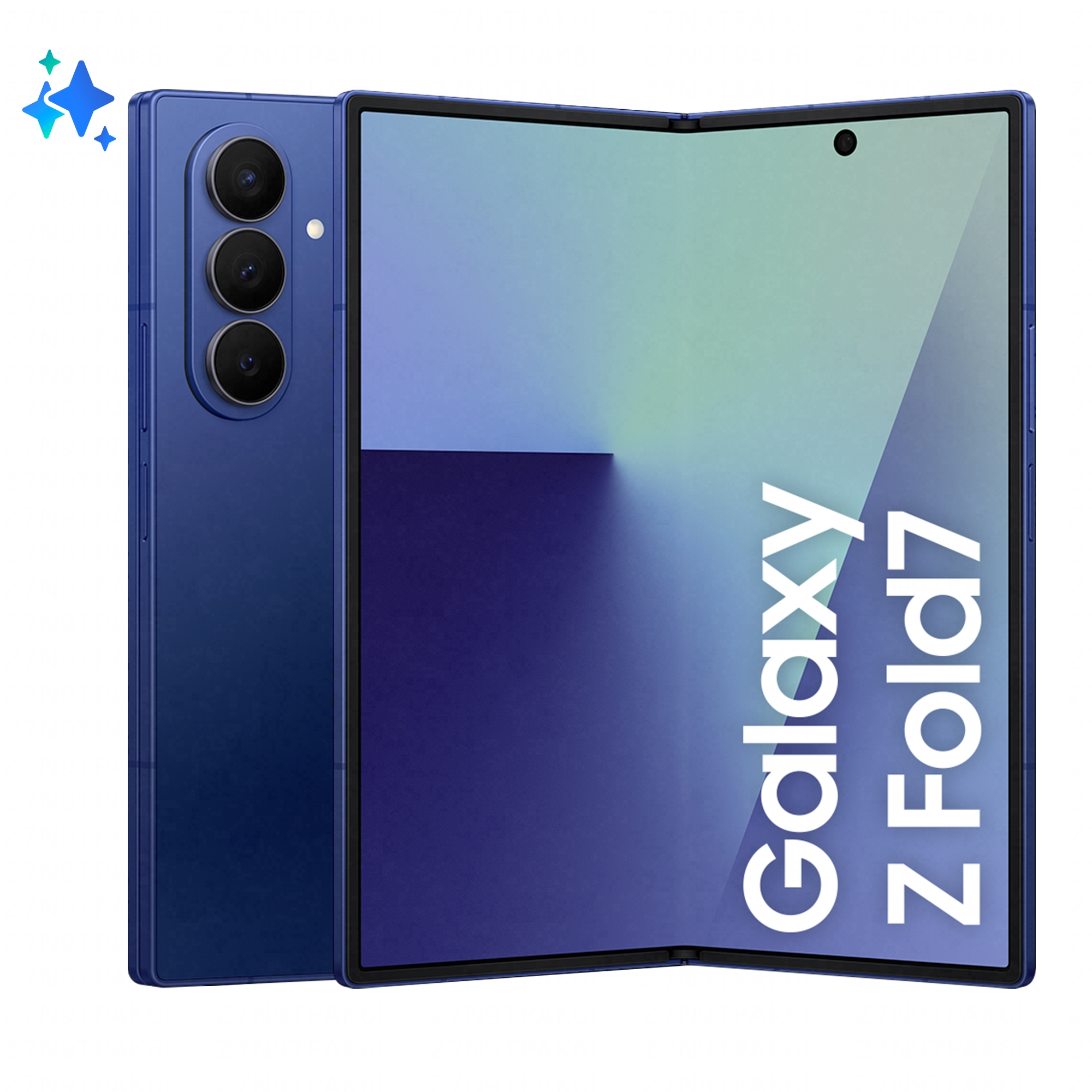 Niebieski składany telefon z trzema aparatami, "Galaxy Z Fold7" na ekranie.
