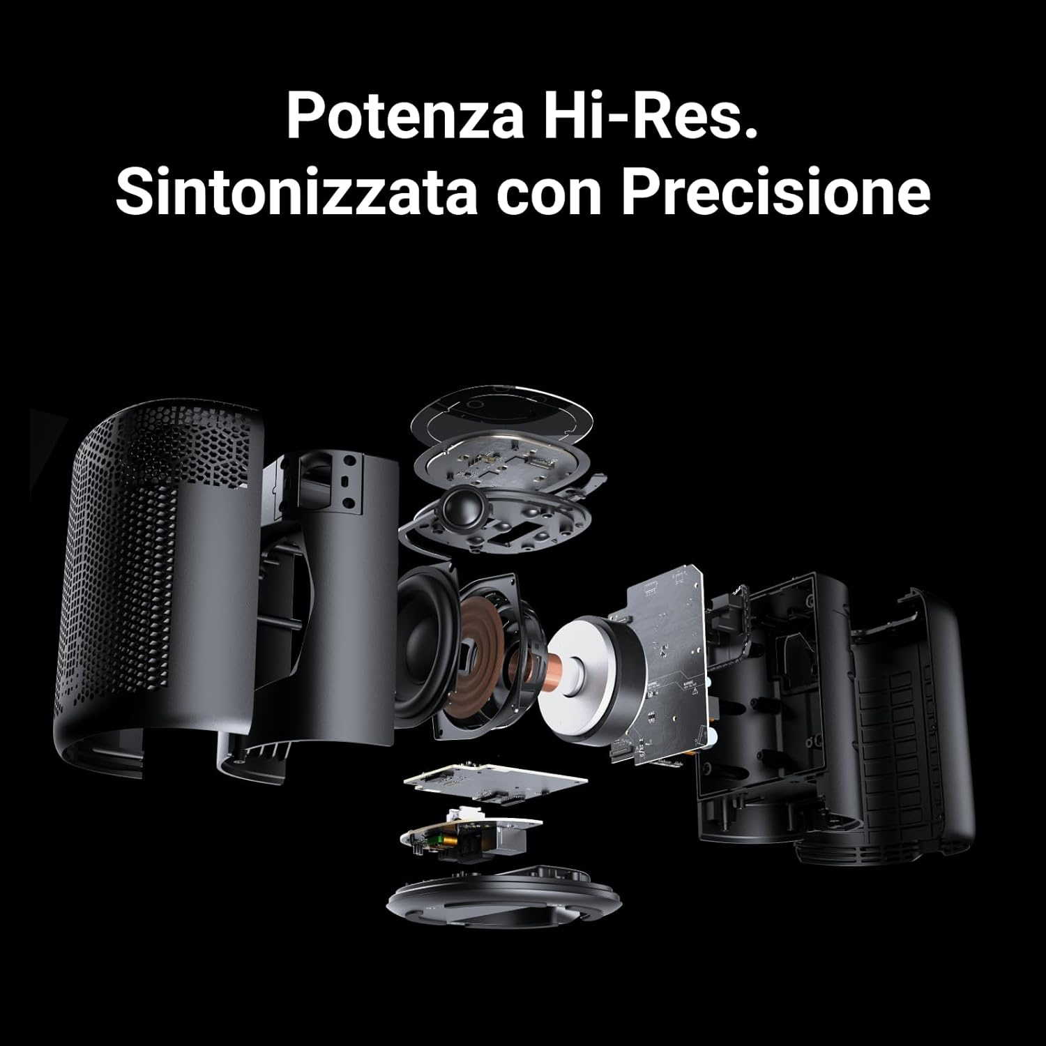 Vista esplosa di un altoparlante nero con componenti esposti su sfondo nero.