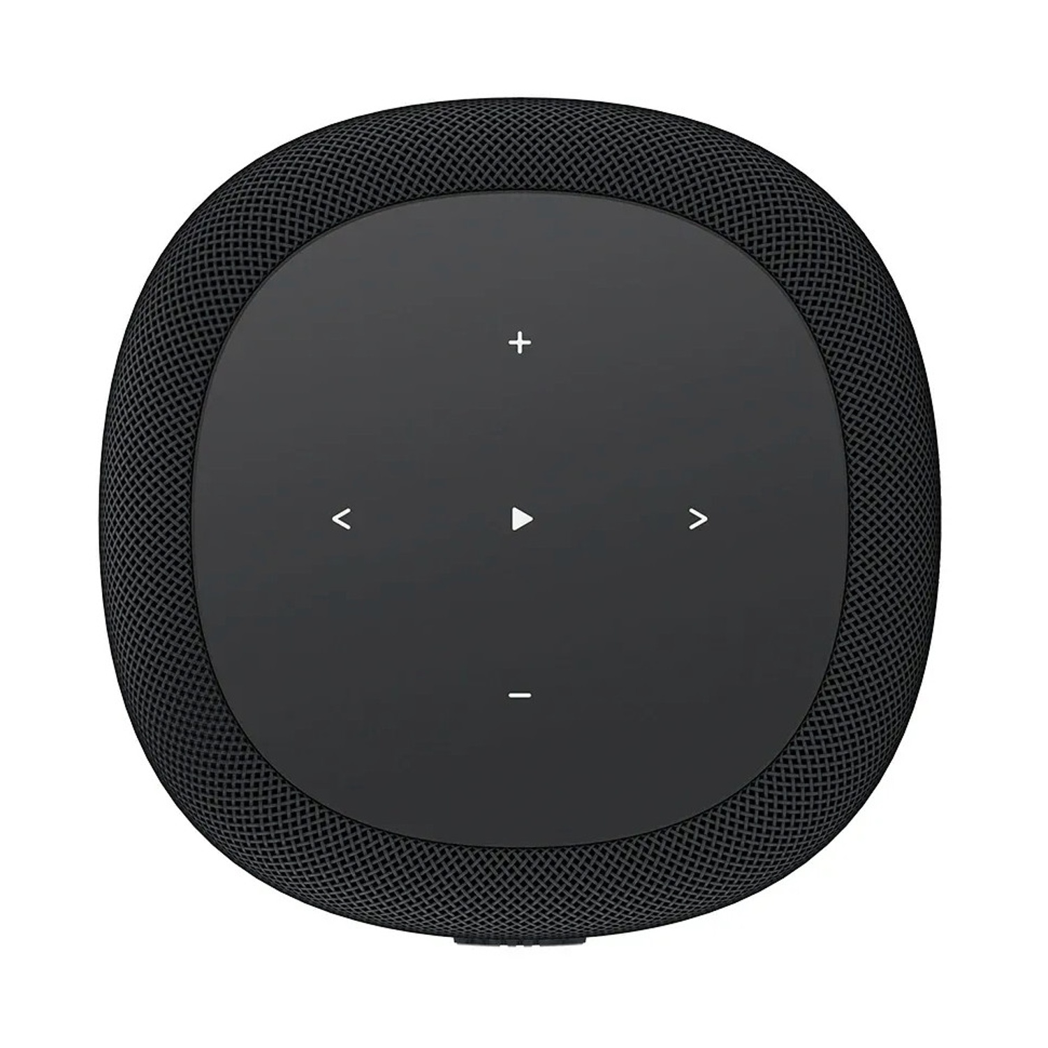 Altoparlante nero con controlli touch e icone di riproduzione/volume.