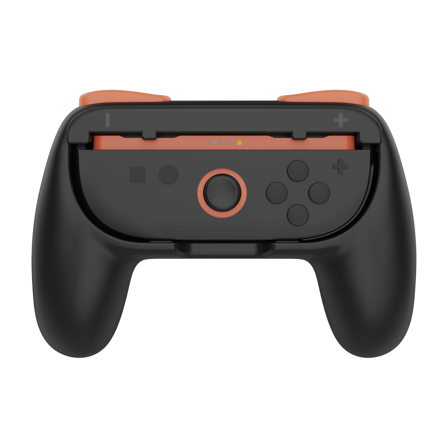 Controller di gioco nero con accenti e pulsanti arancioni.