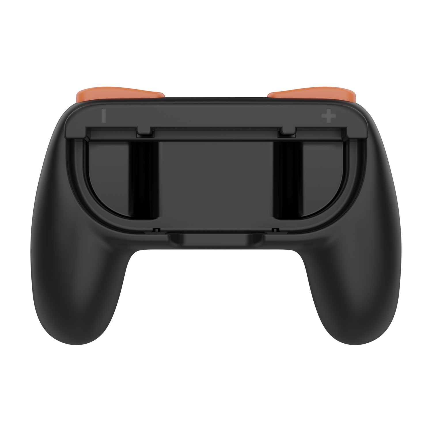 Un controller di gioco nero con due pulsanti arancioni in cima e un vano centrale.