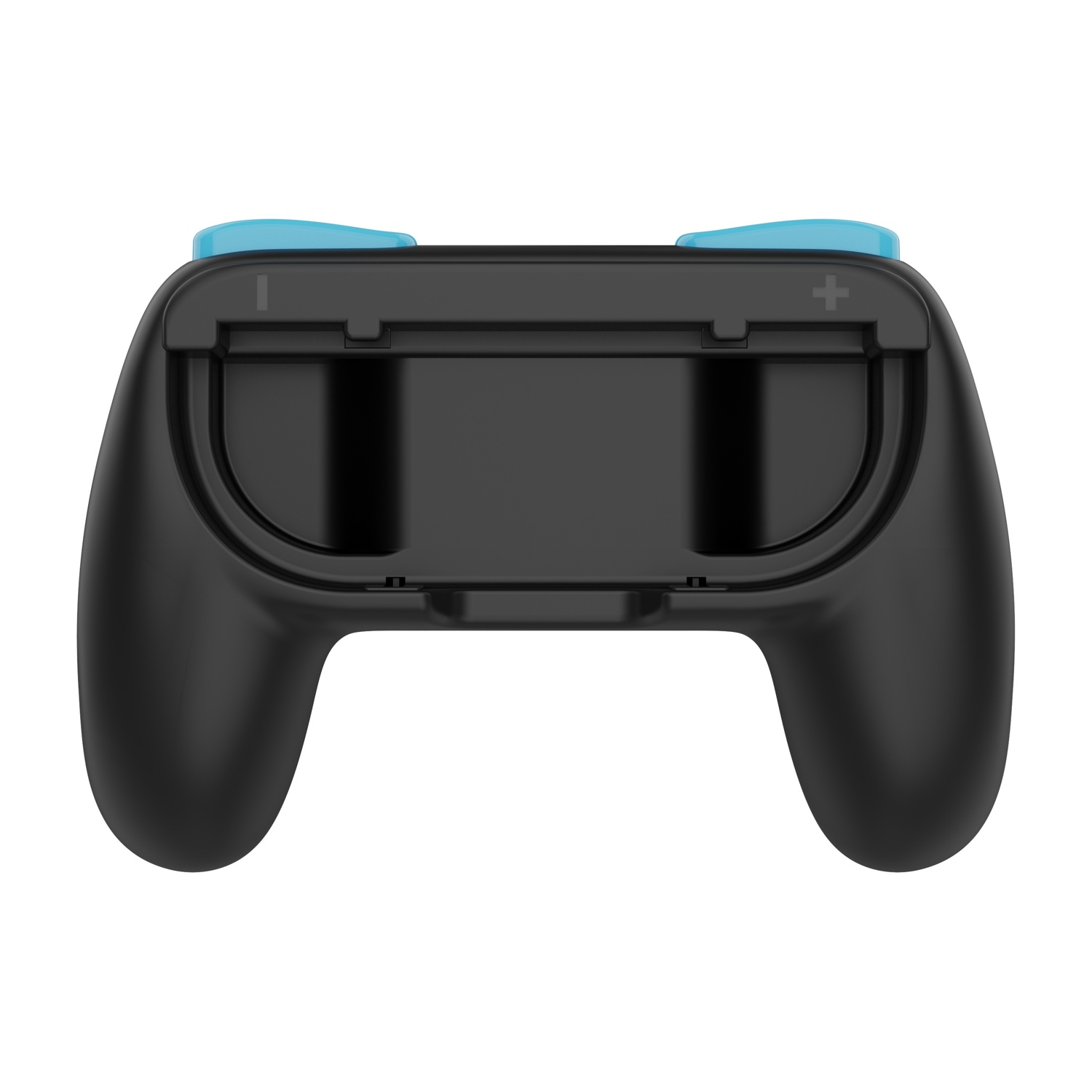 Impugnatura controller nera con pulsanti blu in alto e uno slot centrale.