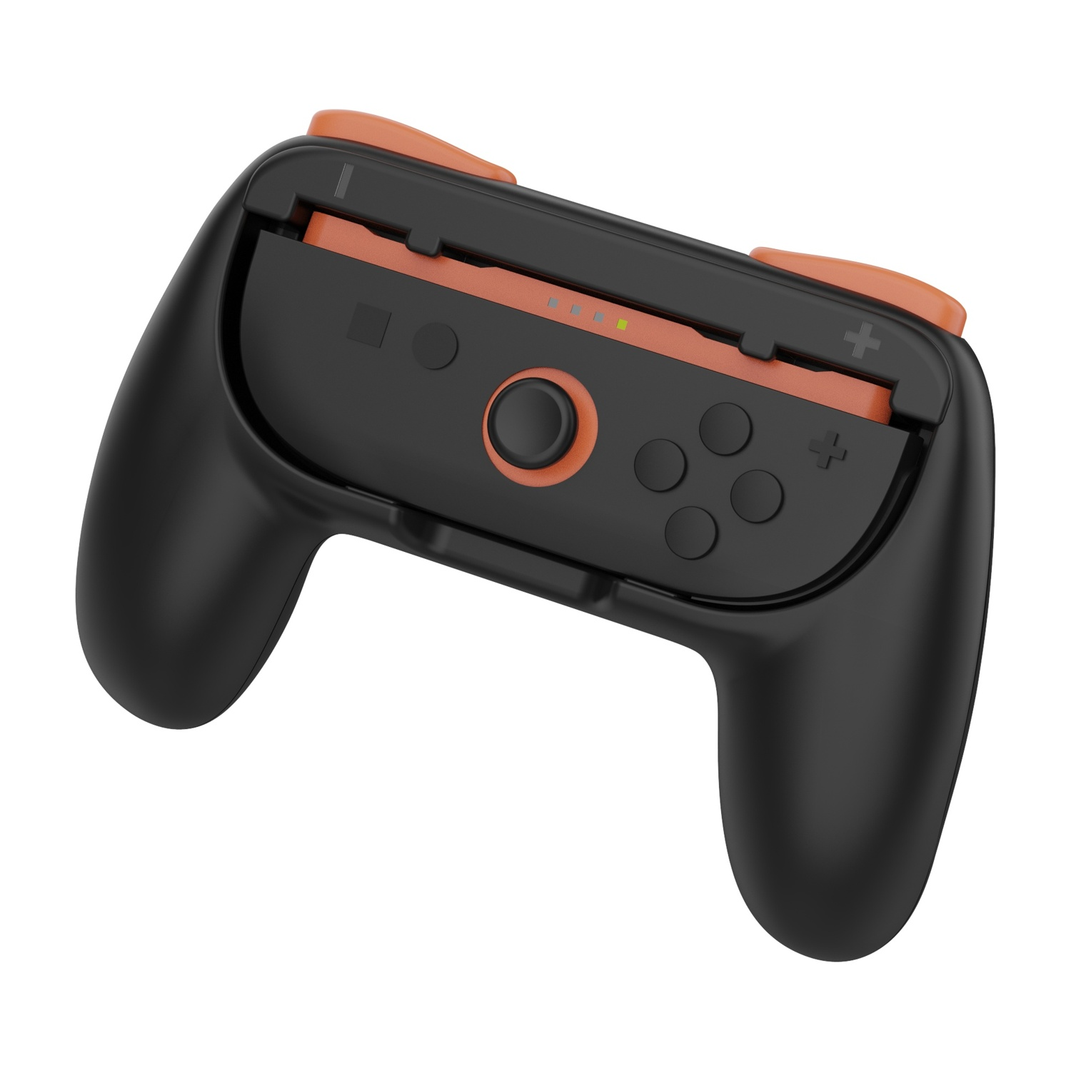 Controller nero con accenti arancioni, pulsanti e spie di carica.