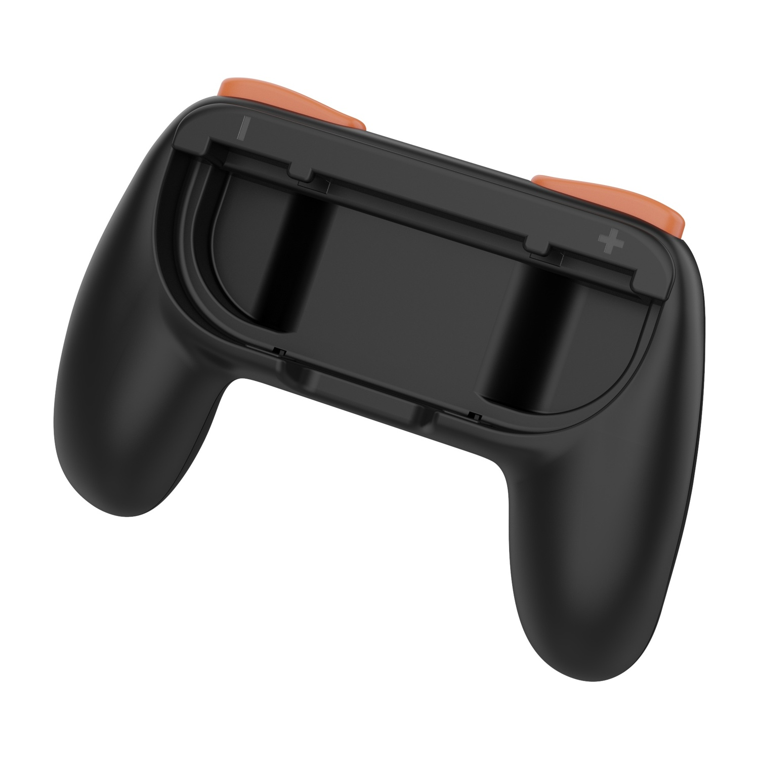 Impugnatura controller nera con pulsanti e fessure arancioni.
