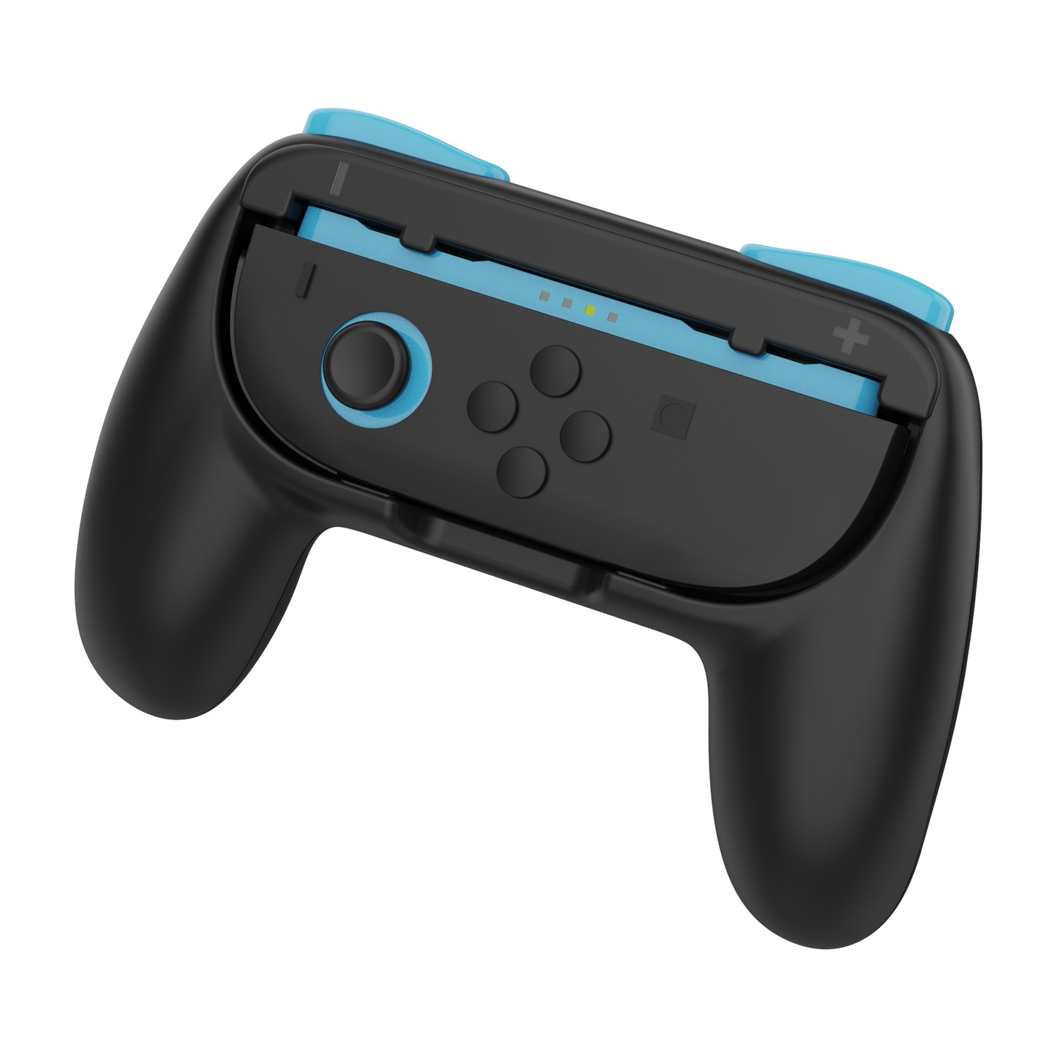 Controller di gioco nero con accenti e pulsanti blu.