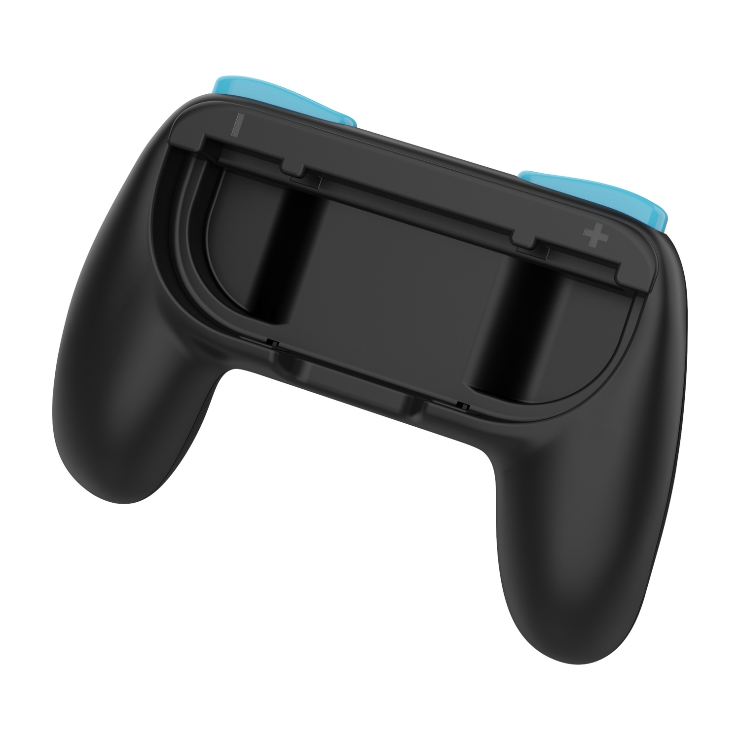 Un'impugnatura per controller nera con pulsanti blu e indicatori di carica.