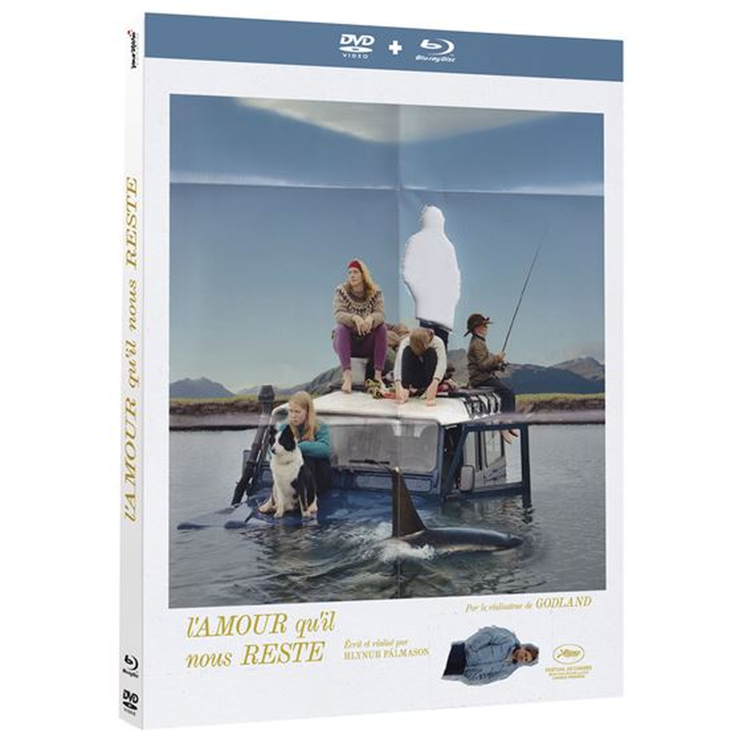 Couverture DVD/Blu-ray avec scène de film: personnes et chien sur une voiture dans l'eau avec orque.