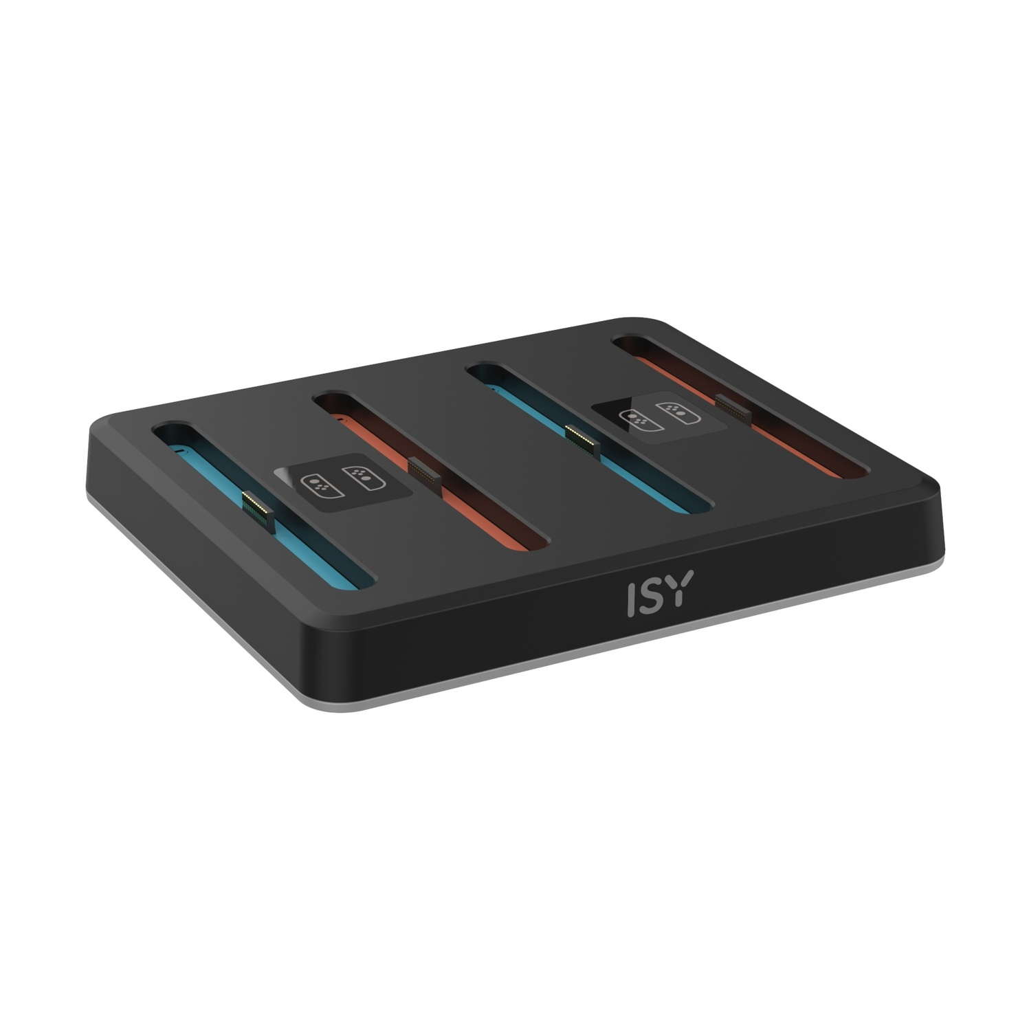Una base di ricarica ISY nera con quattro slot, due blu e due arancioni.