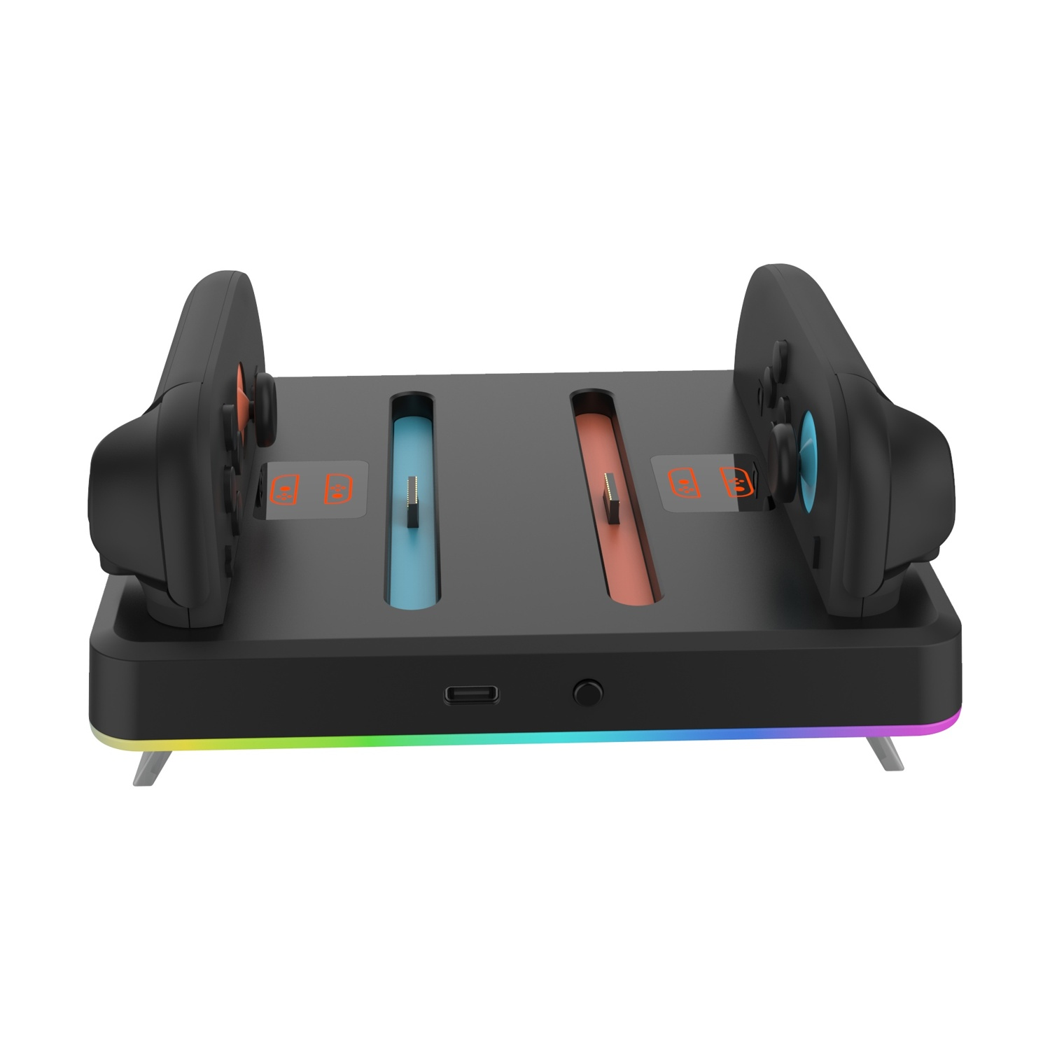 Supporto di ricarica nero per due controller, con illuminazione RGB e slot blu/rossi.