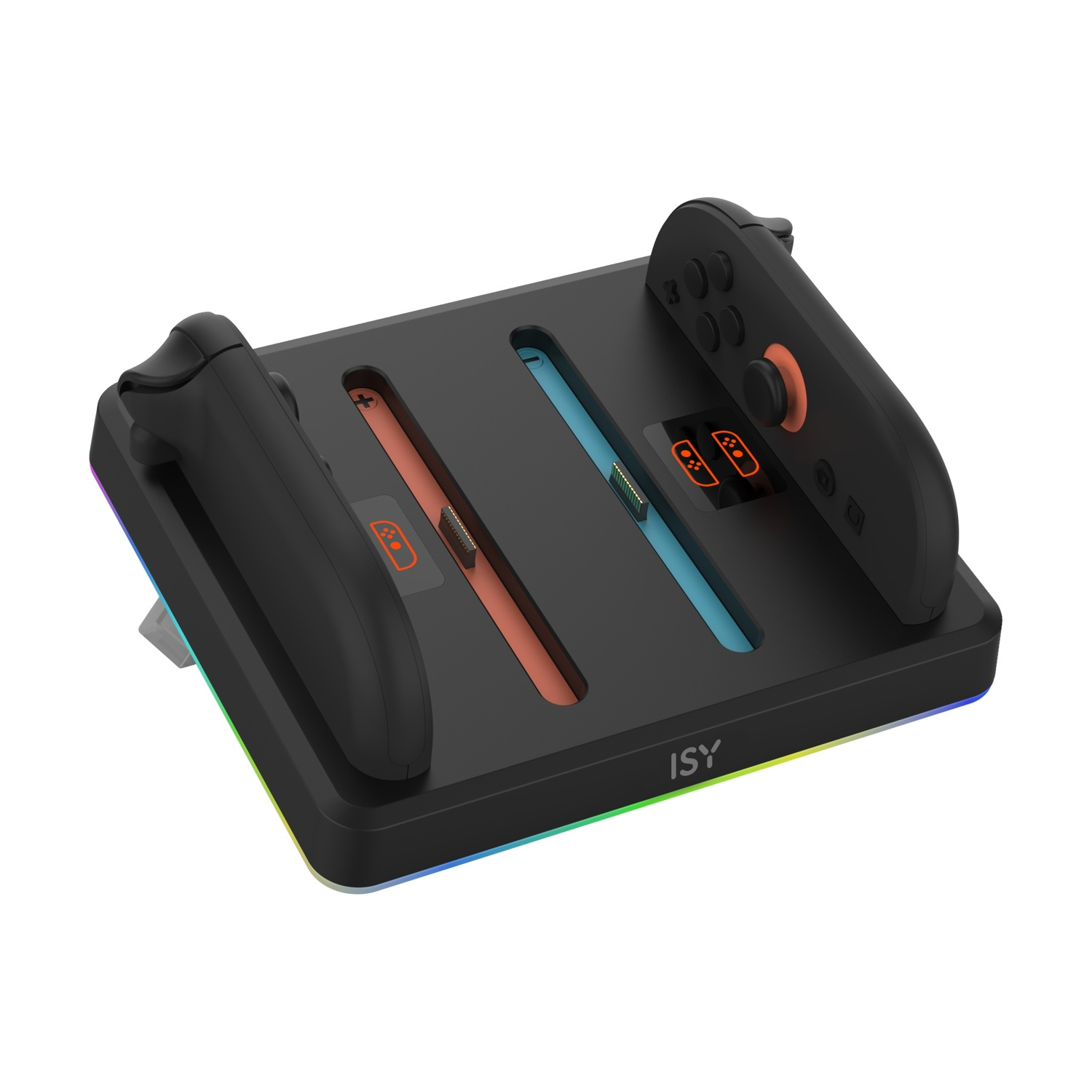 Base di ricarica nera per controller con illuminazione RGB e due slot incassati.