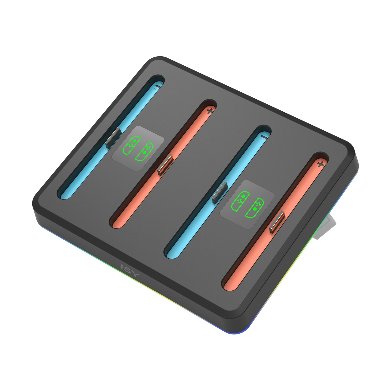 Dock di ricarica grigio con quattro slot, due blu e due arancioni, con icone verdi Nintendo Switch.