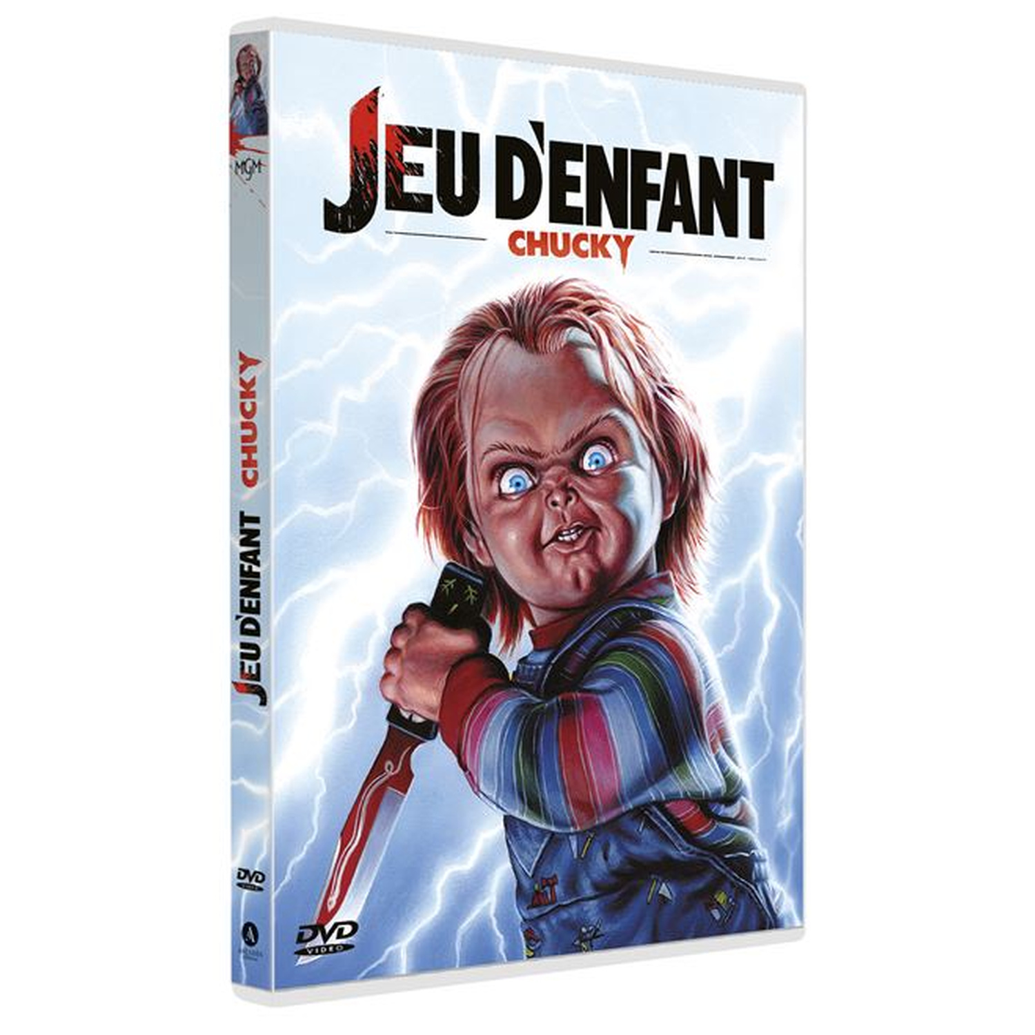 Boîtier DVD avec Chucky tenant un couteau sur fond d'éclairs bleus.