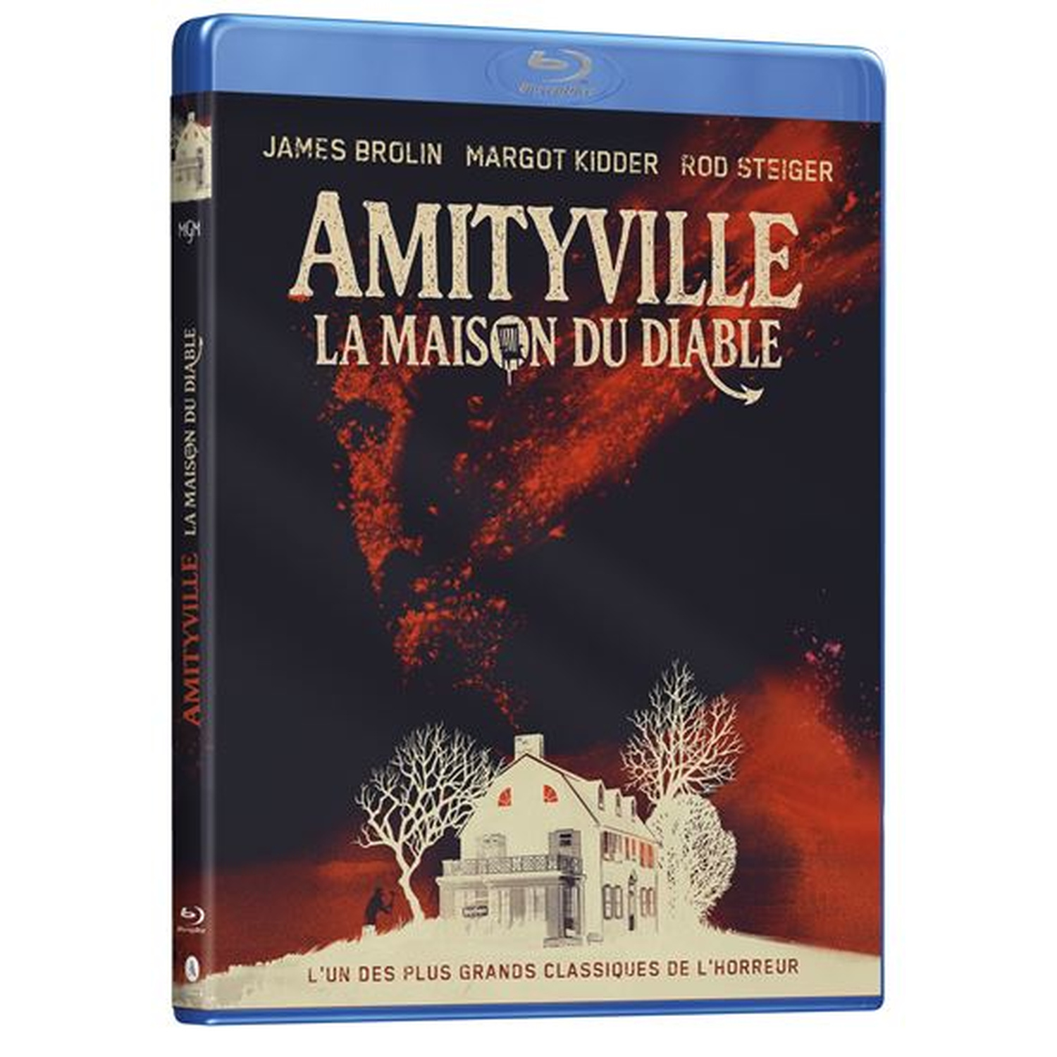 Blu-ray hoes Amityville: Het Huis van de Duivel met een huis en bomen.