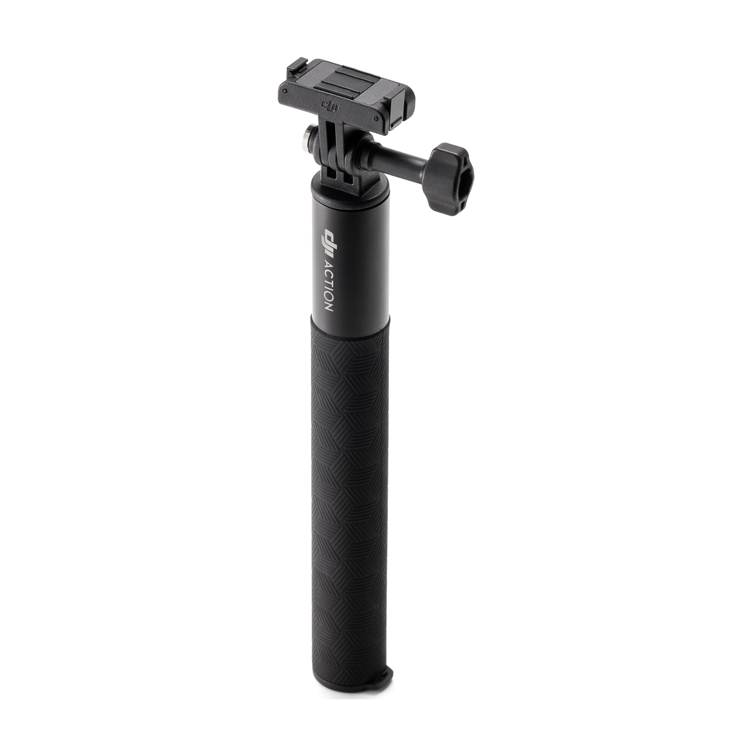 Impugnatura nera con logo DJI Action e supporto per fotocamera.