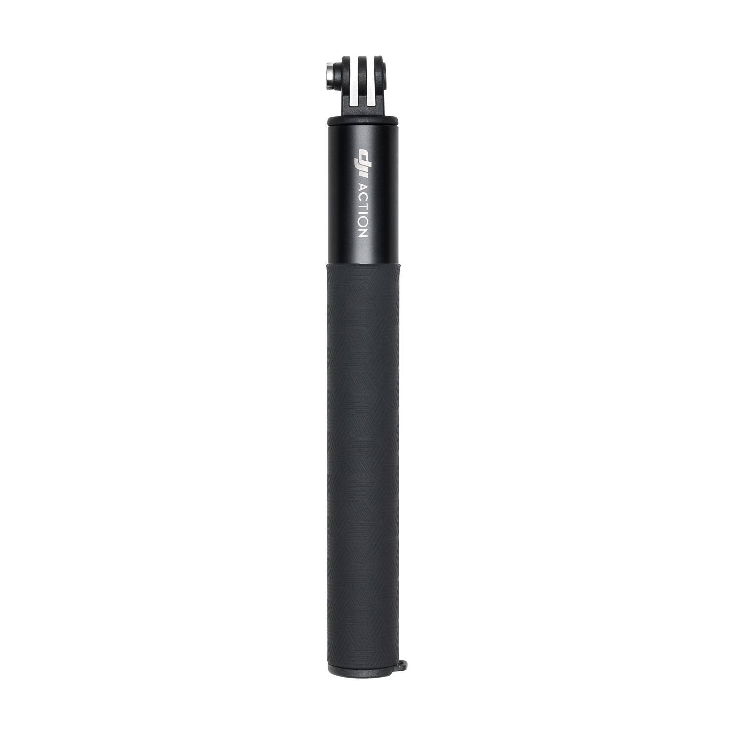 Impugnatura nera con logo DJI ACTION e supporto per action camera. Presa testurizzata.