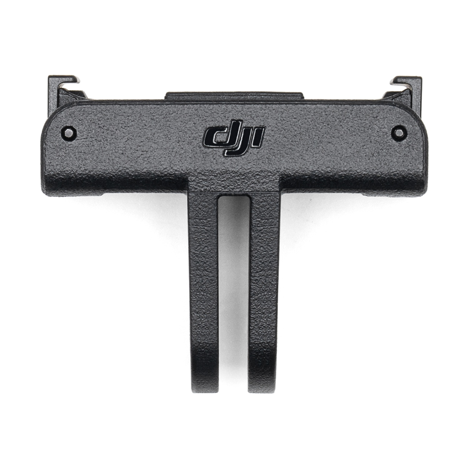 Staffa DJI nera con due rebbi e un logo.