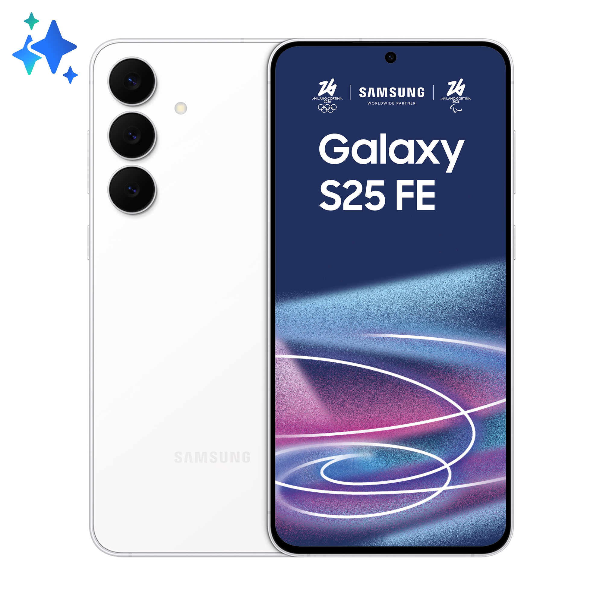 Biały smartfon Samsung Galaxy S25 FE z trzema aparatami i logo olimpijskim.